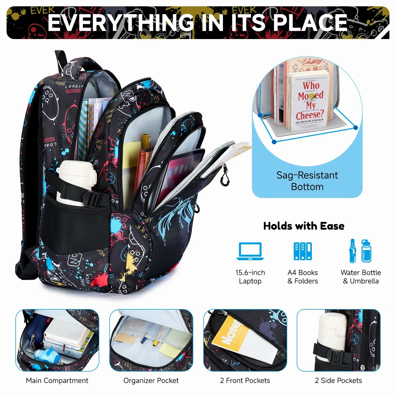 Amythe Mochila Escolar para Niños Adolescentes, Luminosa Nocturna 4 Piezas | Set Completo con Bolso Pecho, Bolsa Almuerzo & Estuche - Mochila Casual para Chicos - Impermeable para Cole Ocio, Negro