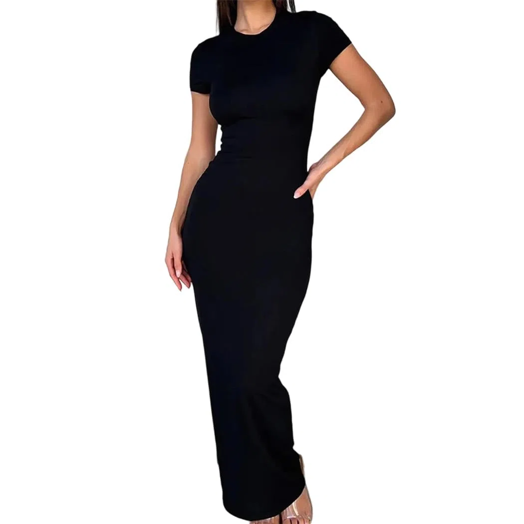 Vestido largo ajustado de color sólido para mujer, cuello redondo, manga corta, sexy, ajustado, vestido largo de fiesta