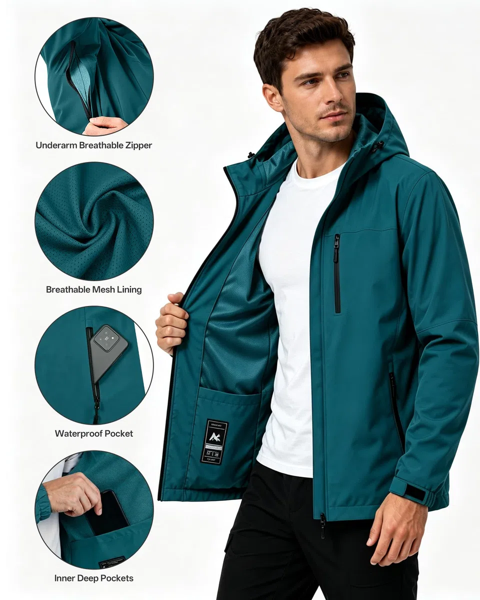 Chaqueta Softshell impermeable transpirable para hombre Chaqueta de lluvia ligera Cortavientos Packable Impermeable para bicicleta con capucha
