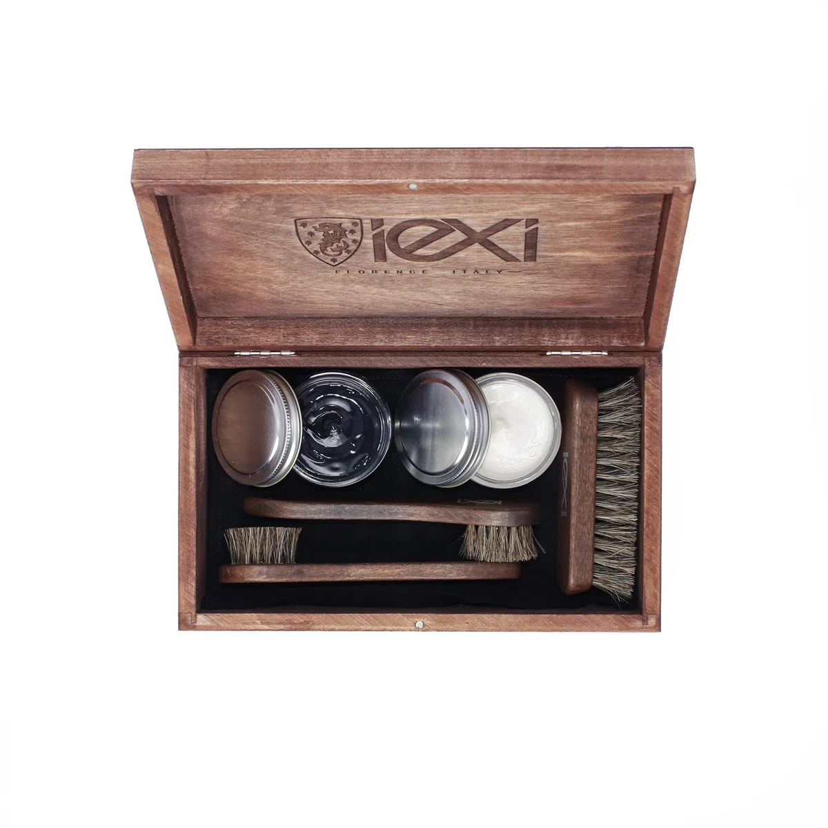 IEXI Ethic Kit - Kit con caja de madera para el cuidado y mantenimiento de zapatos de cuero, bolsos, cinturones y otros accesorios - Kit con 3 cepillos, 2 cremas y paño - Idea de regalo