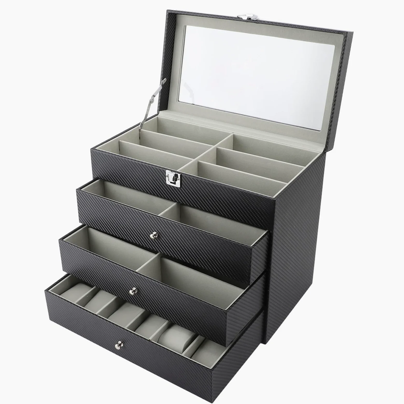 Pilipane Vitrina para gafas, organizador de gafas de sol, soporte para relojes, fibra de carbono PU, 4 niveles, 27 ranuras, forro de terciopelo gris, gran capacidad, para el hogar, tienda,