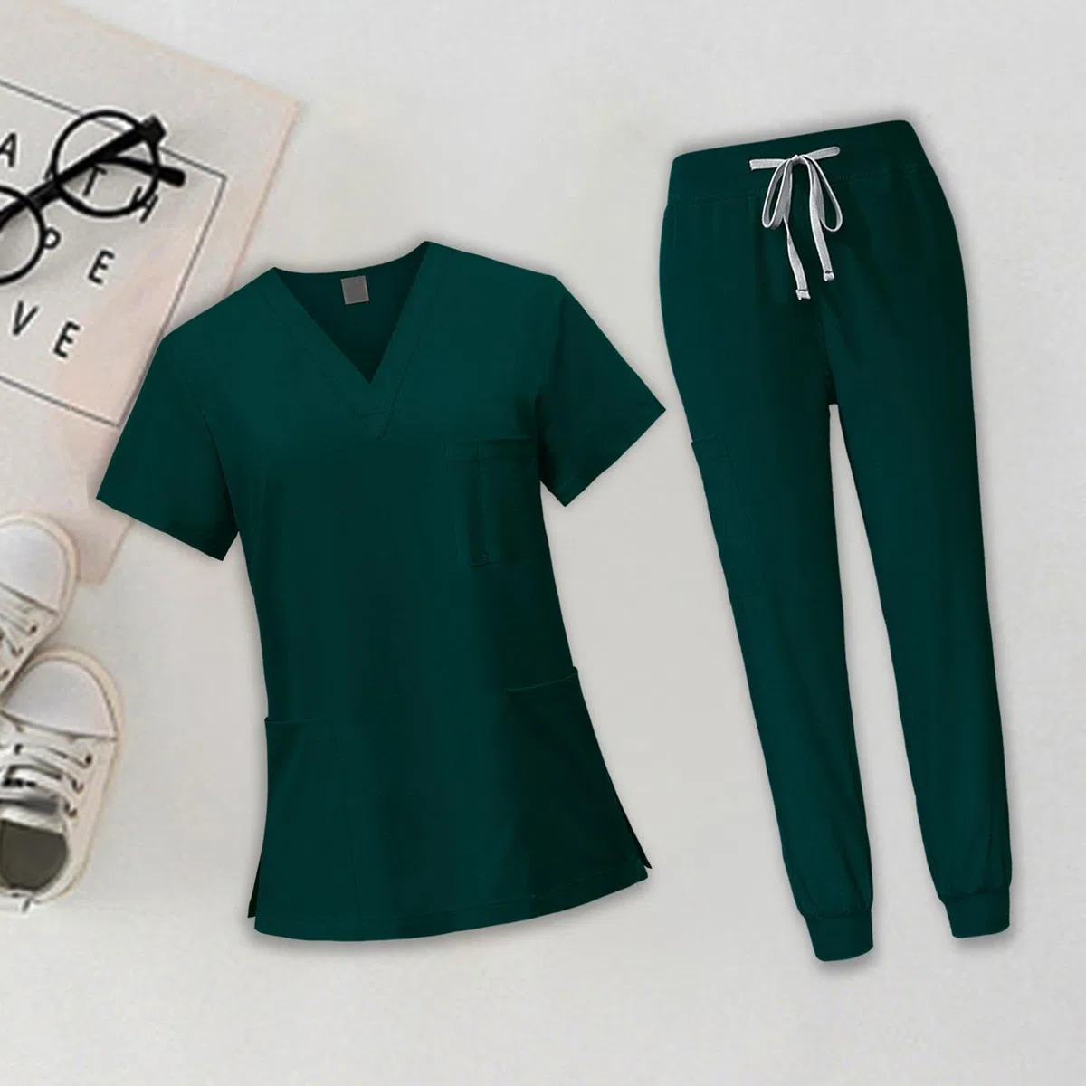 LRXFPIYF Enfermera Conjunto Uniforme Mujer Ropa Sanitaria Pantalón Blusa Accesorios Suave Poliéster Fácil de Lavar Adecuado para Cuidado Personal Centros Médic, Verde oscuro, s