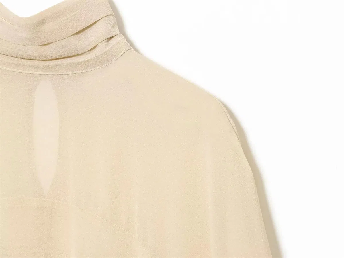 Genérico Camisa asimétrica para Mujer, Plisada, con Cuello Alto, Holgada, de Manga Larga, Estilo murciélago, Elegante, Informal, Color Beige Mediano.