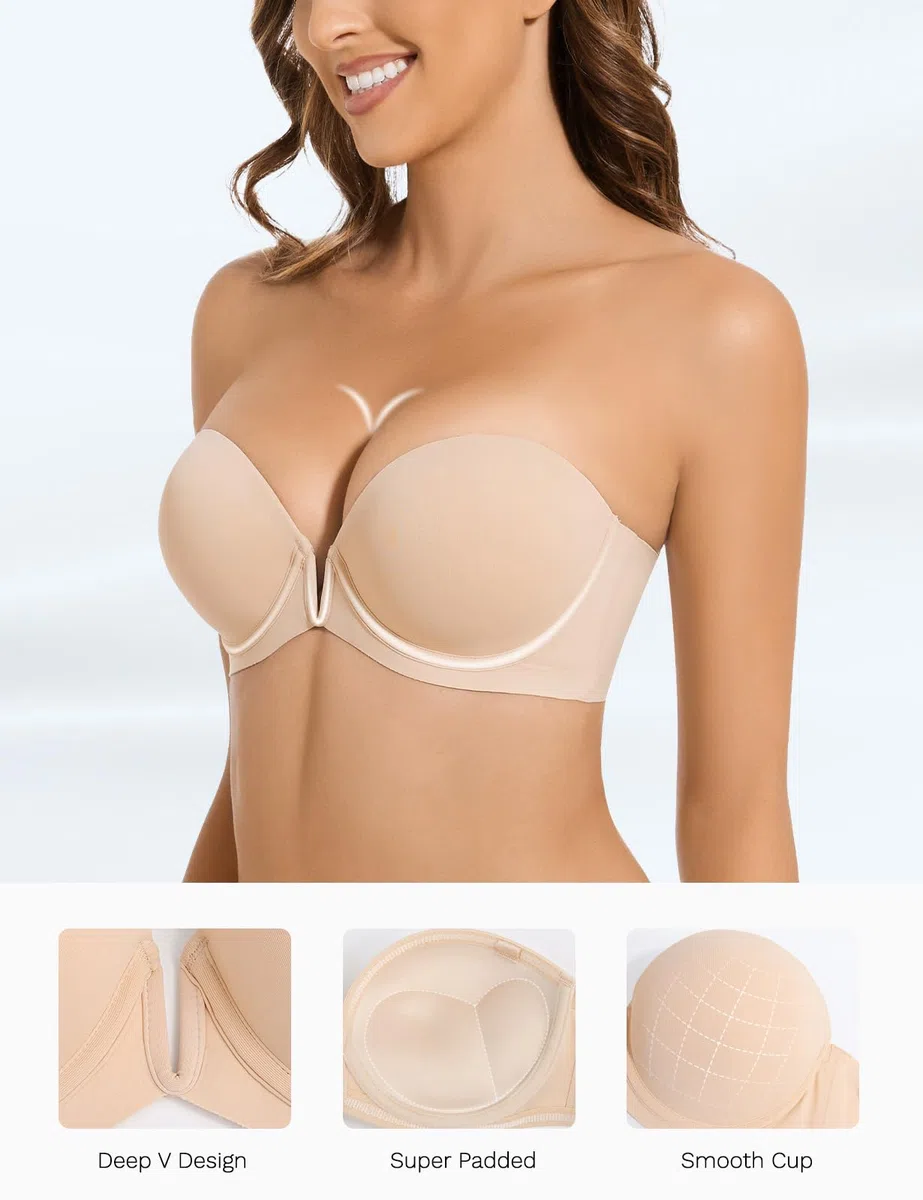 Upushall Brasier sin Tirantes con Push up, Antideslizante, Escote en V Profundo, con Aros para Mujer, súper Acolchado, añade 2 Copas
