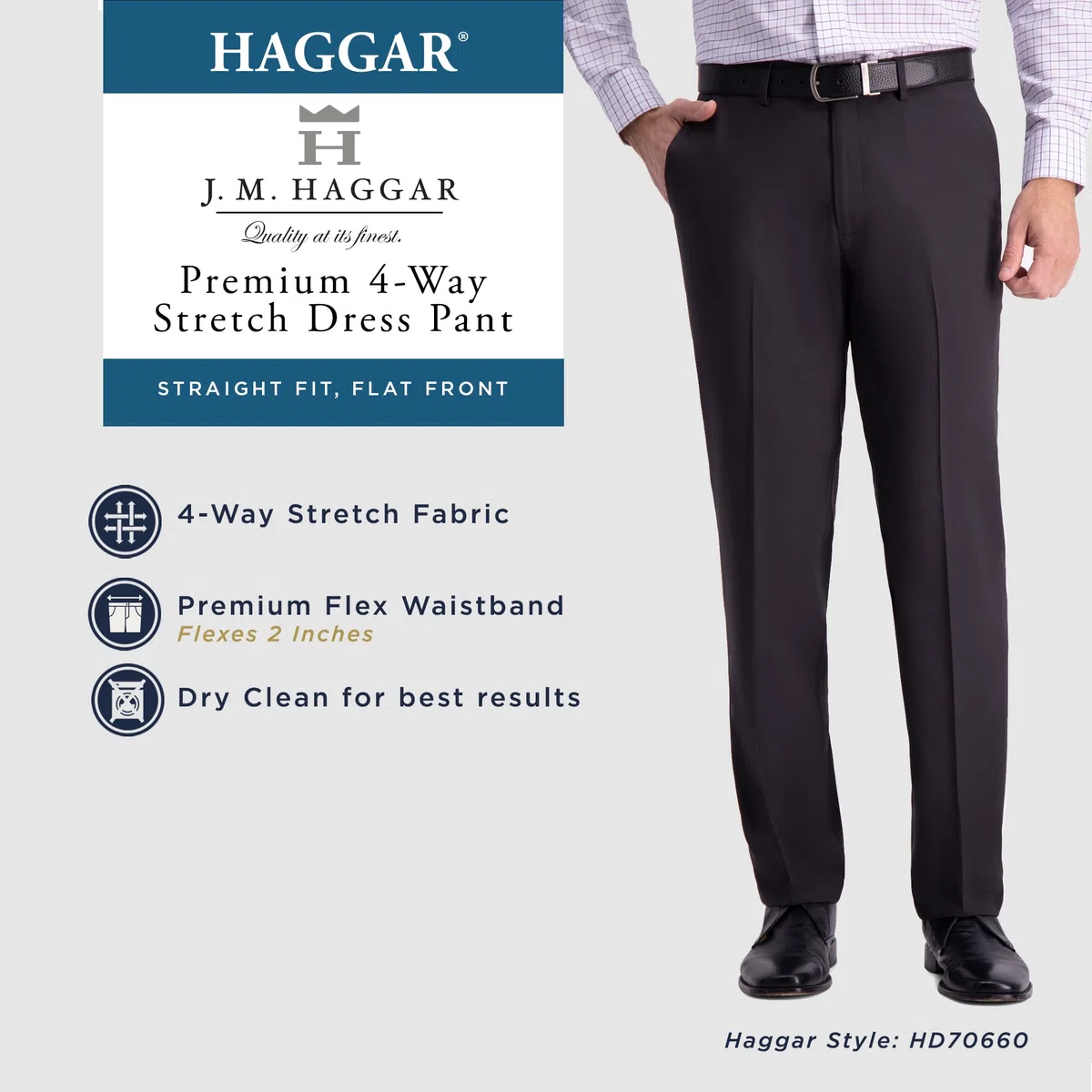 Haggar 4-Way Stretch Straight Fit Flat Front Dress Pant - Pantalones para Vestir Hombre