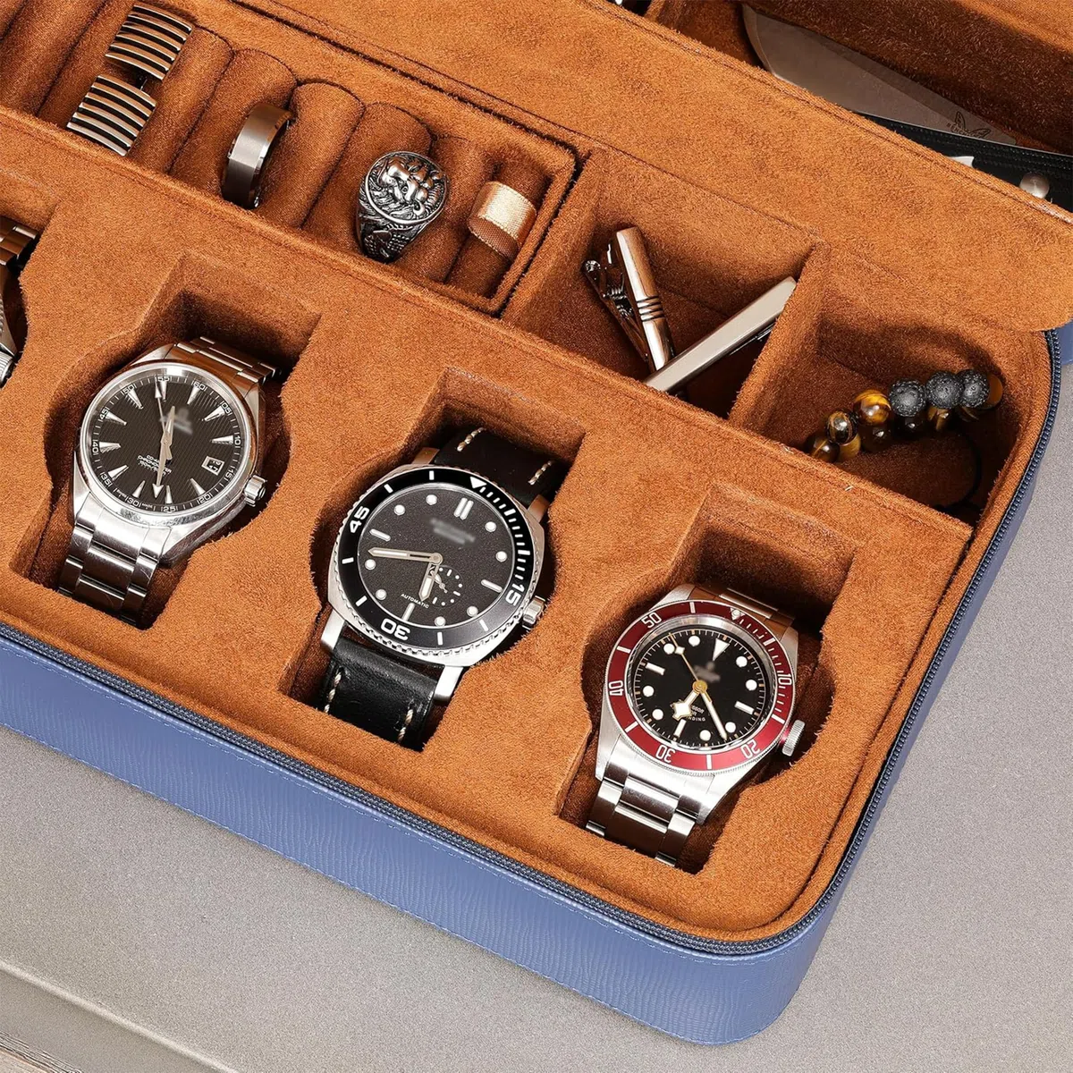 ROTHWELL Estuche organizador de viaje para 8 relojes, 2 pares de gafas de sol, anillos y gemelos, protección portátil resistente con cremallera, se adapta a todos los relojes de pulsera y relojes