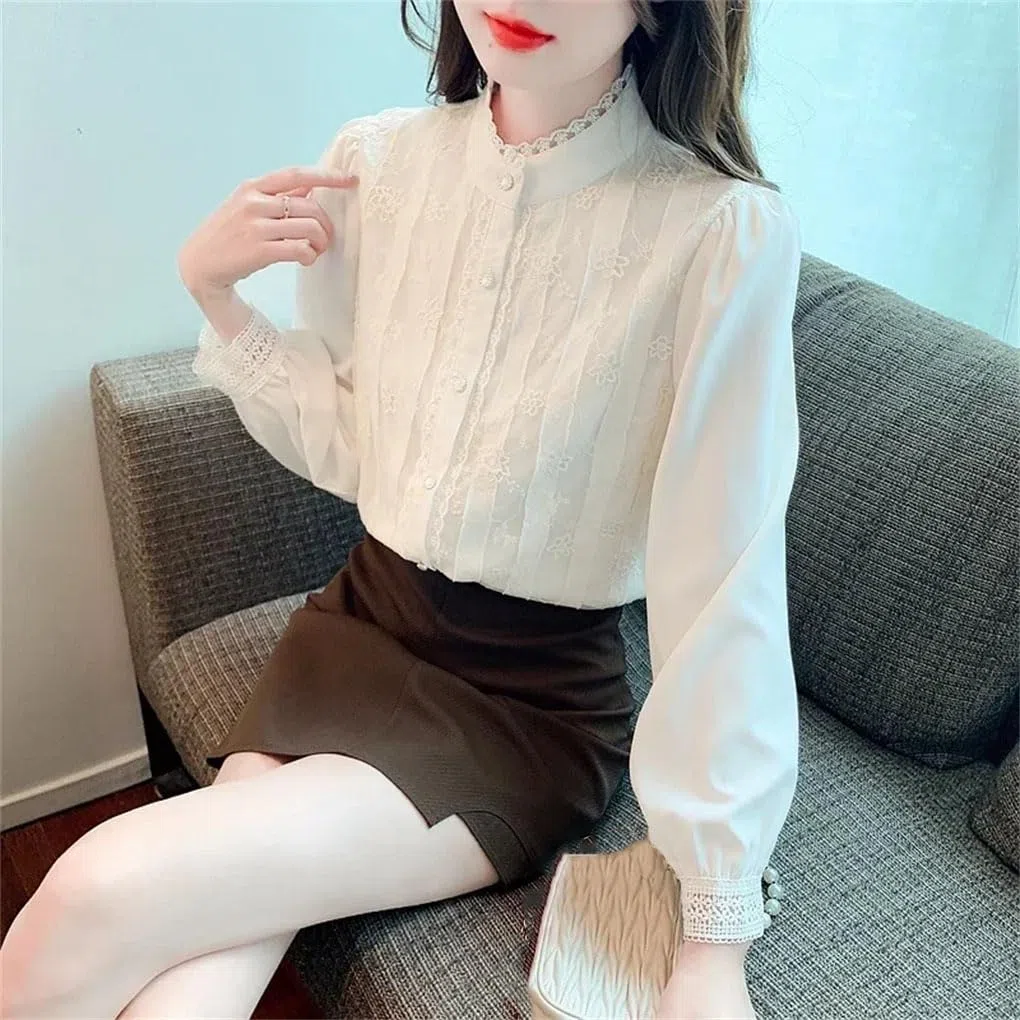 Blusa de manga larga con cuello alto para mujer, de gasa, con botones, para oficina, trabajo, negocios