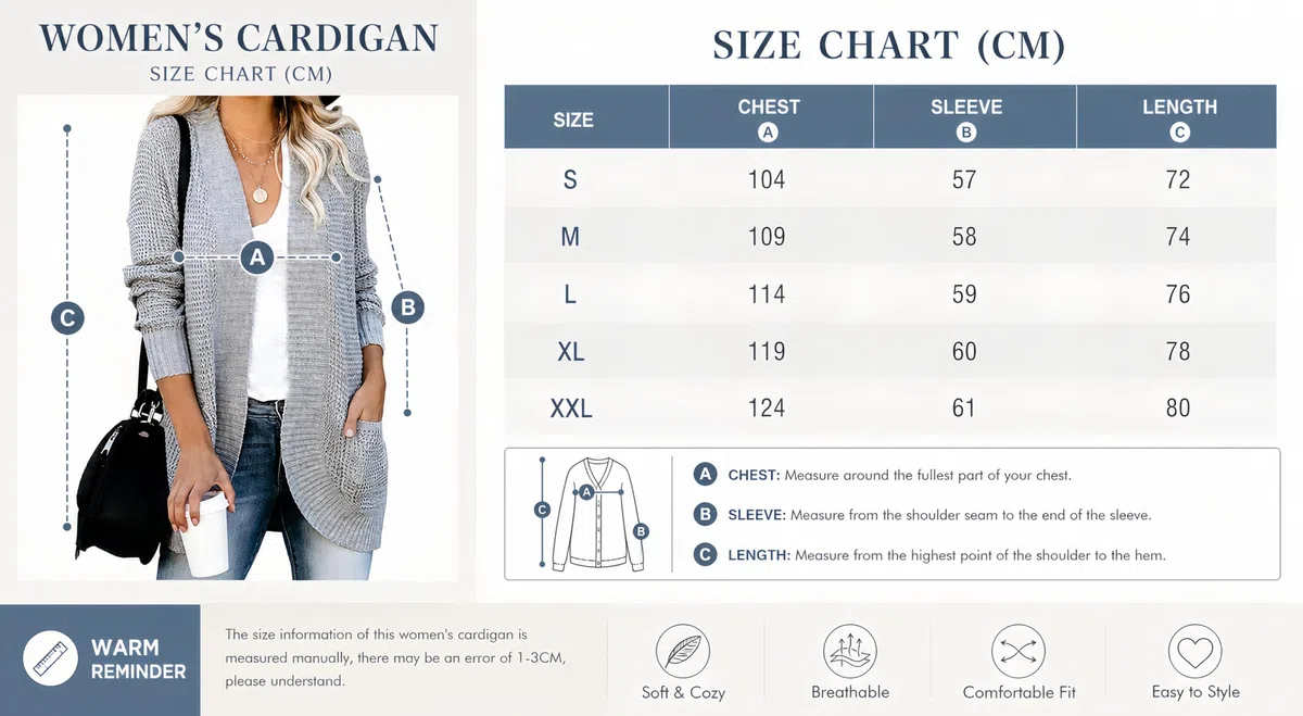 Cárdigan Punto Gofrado Mujer Abierto por Delante Manga Larga Punto Grueso y Suave Bolsillos Corte Relajado Estilo Boyfriend Ideal para Otoño y Uso Diario Informal.