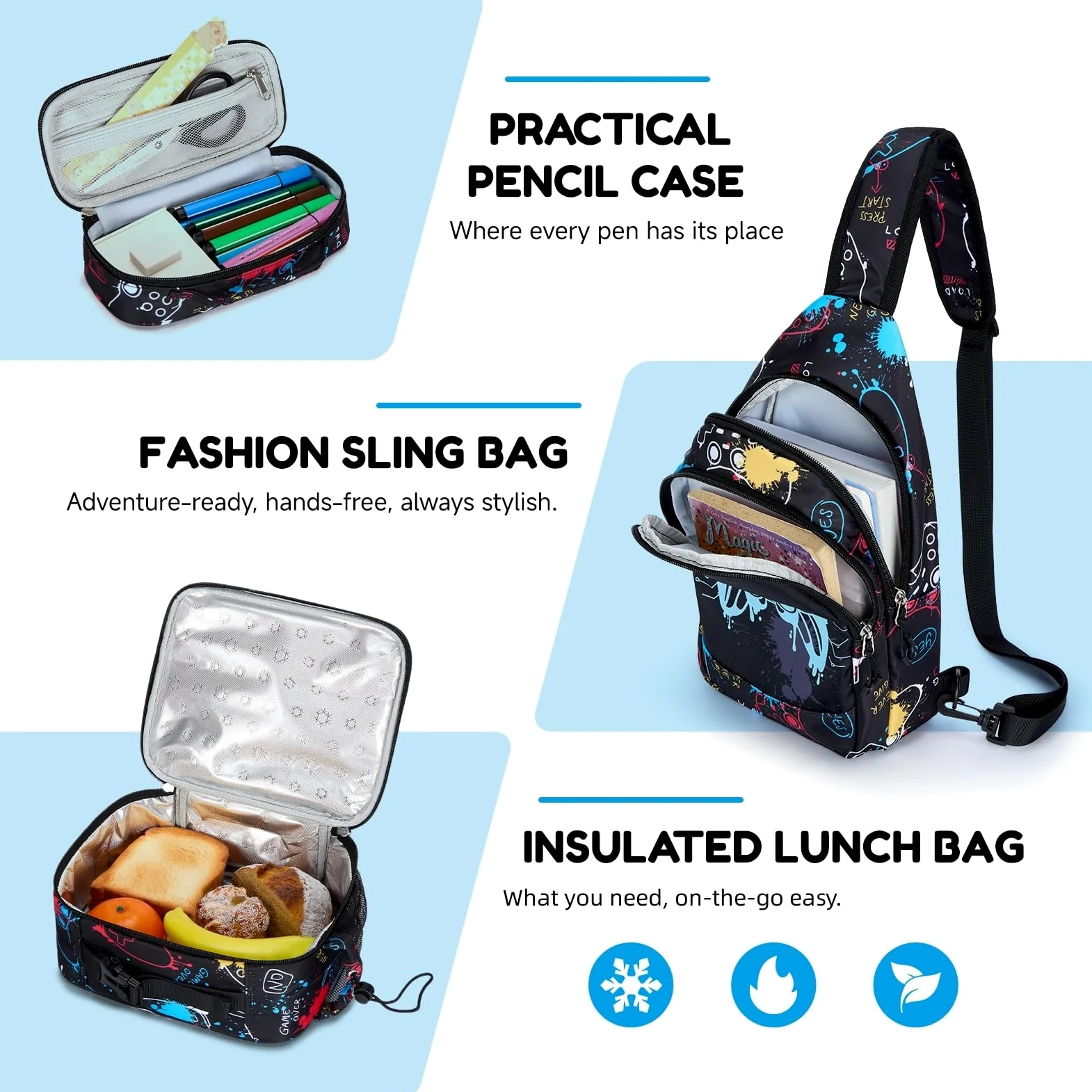 Amythe Mochila Escolar para Niños Adolescentes, Luminosa Nocturna 4 Piezas | Set Completo con Bolso Pecho, Bolsa Almuerzo & Estuche - Mochila Casual para Chicos - Impermeable para Cole Ocio, Negro