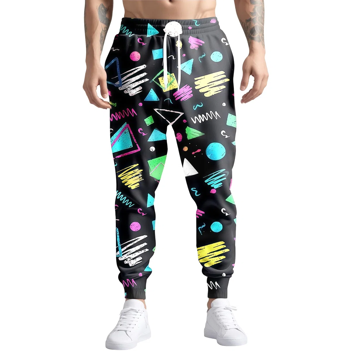 Pantalones Deportivos para Hombre de los años 80 y 90, Divertidos, para Entrenamiento, Correr, Estilo Retro, con Bolsillos, Negro -, L