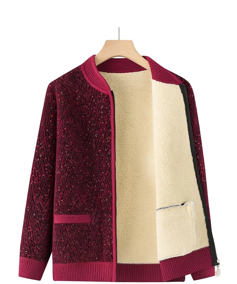Cárdigans de Punto para Mujeres de Mediana Edad Y Mayores Cárdigans con Cremallera Completa Y Forro Polar Sudaderas A Rayas Abrigos de Invierno Chaquetas de Punto Gruesas de Sherpa para Uso Diario.
