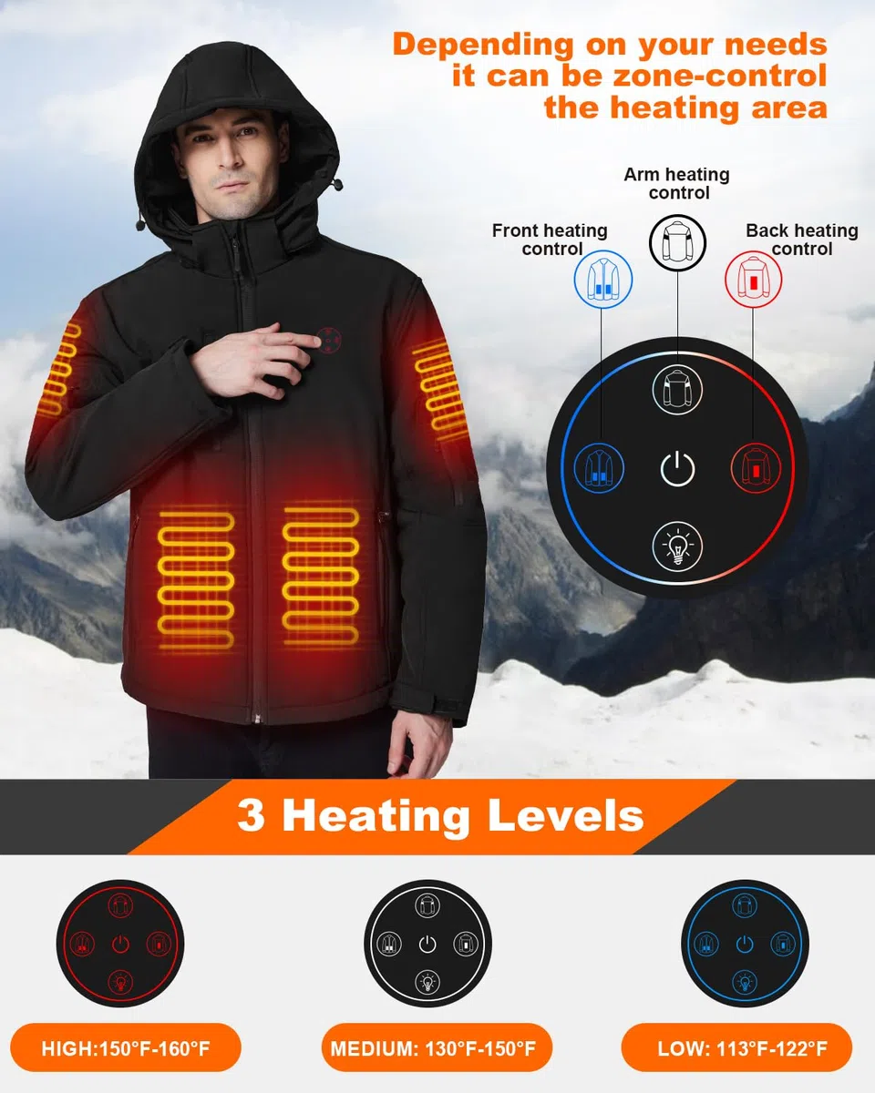 Chaqueta térmica para hombre con batería de 7,4 V y capucha desmontable, chaqueta térmica softshell impermeable para invierno al aire libre