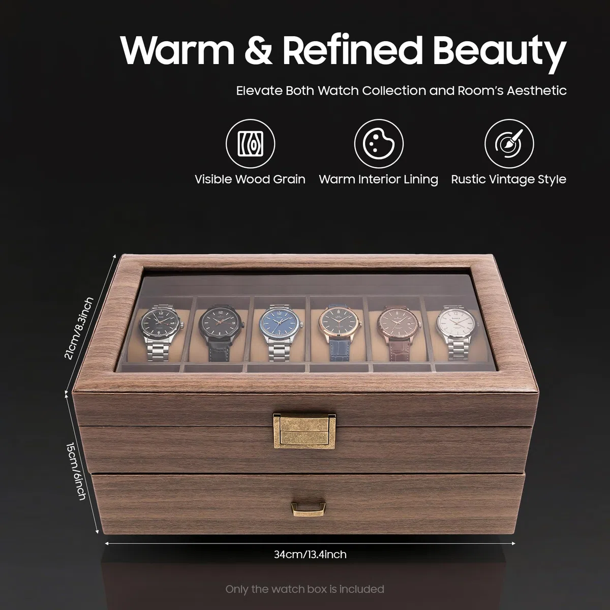Caja de almacenamiento de relojes para hombre, dos compartimentos, 24 compartimentos, rectangular, 34 x 21 x 15 cm, 3,1 kg, para relojes, joyas y otros objetos de valor.
