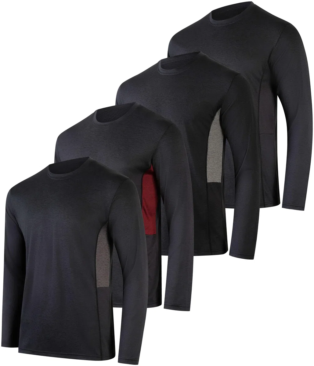 Real Essentials Paquete de 4: camiseta de manga larga para hombre, secado rápido, absorbe la humedad, UPF 50+ SPF, protección solar, pesca, senderismo, natación