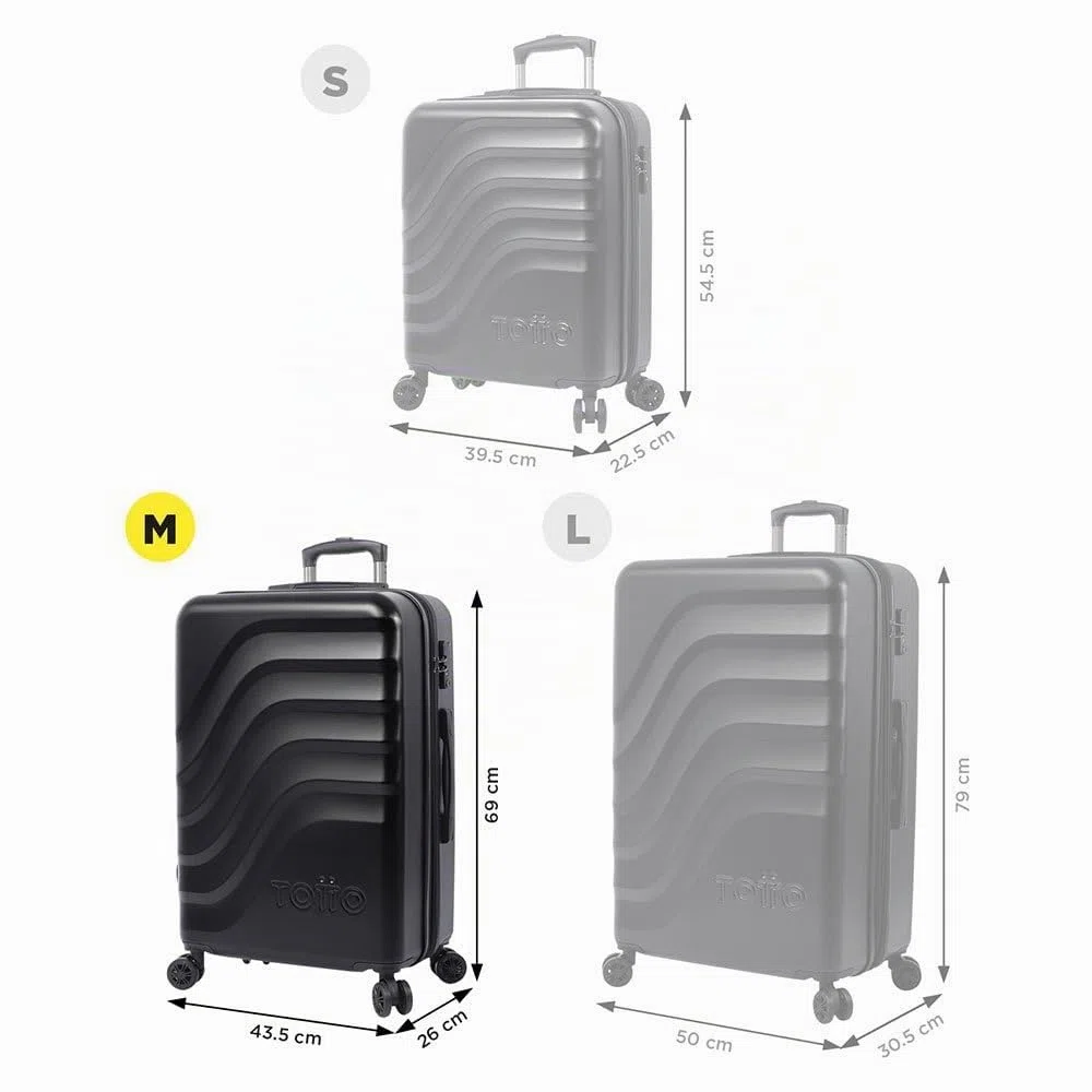 TOTTO - Maleta Rígida Mediana, Modelo Bazy+, 43.5 x 69 x 26 cm, Capacidad 64 L, Expandible, Alta Resistencia a Impactos, Ruedas 360º, Manija Telescópica, Correas Internas, Candado TSA, Color Negro