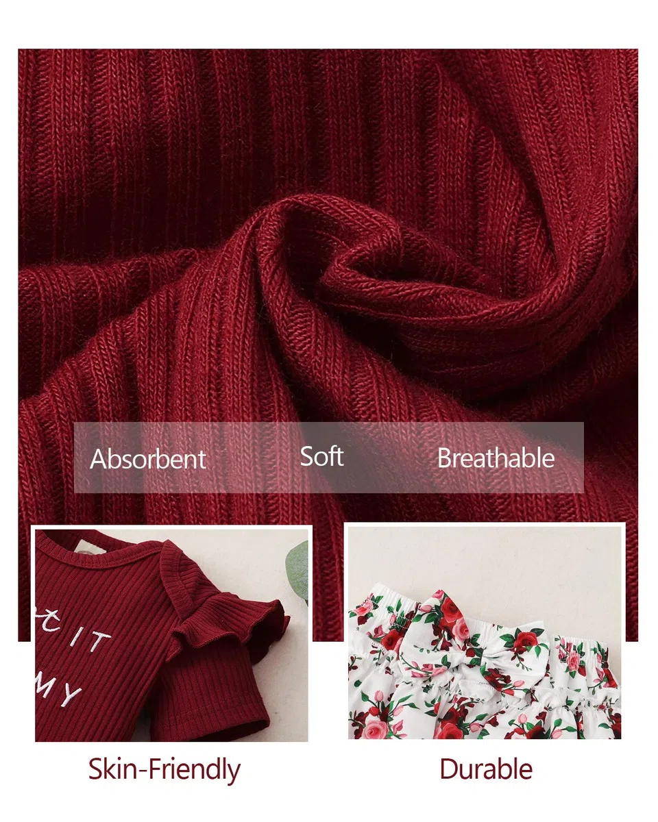 Conjunto de ropa para bebé recién nacido, conjunto de pantalones cortos, estampado floral, ropa de bebé linda para niña, WineRed, 3-6 meses