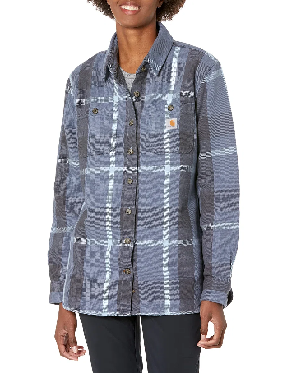 Carhartt Camisa A Cuadros de Franela de Sarga de Manga Larga Y Ajuste Holgado Resistente Y Flexible Delantal Abotonado de utilidades de Trabajo Mujer