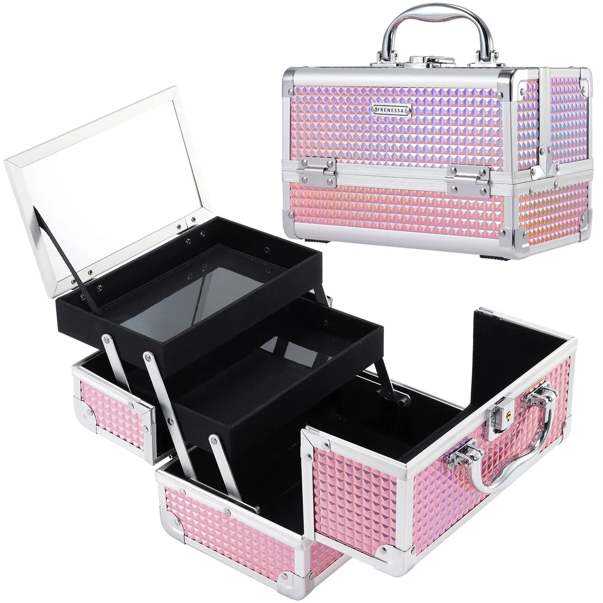 Maletín Maquillaje Maletín Cosméticos Estuche Maquillaje con Espejo y 2 Tarias Maleta de Makeup Case Organizador Estuche de Uñas Joyero y Manicura Beauty Case Viaje para Niña Profesional, Rosa Oro