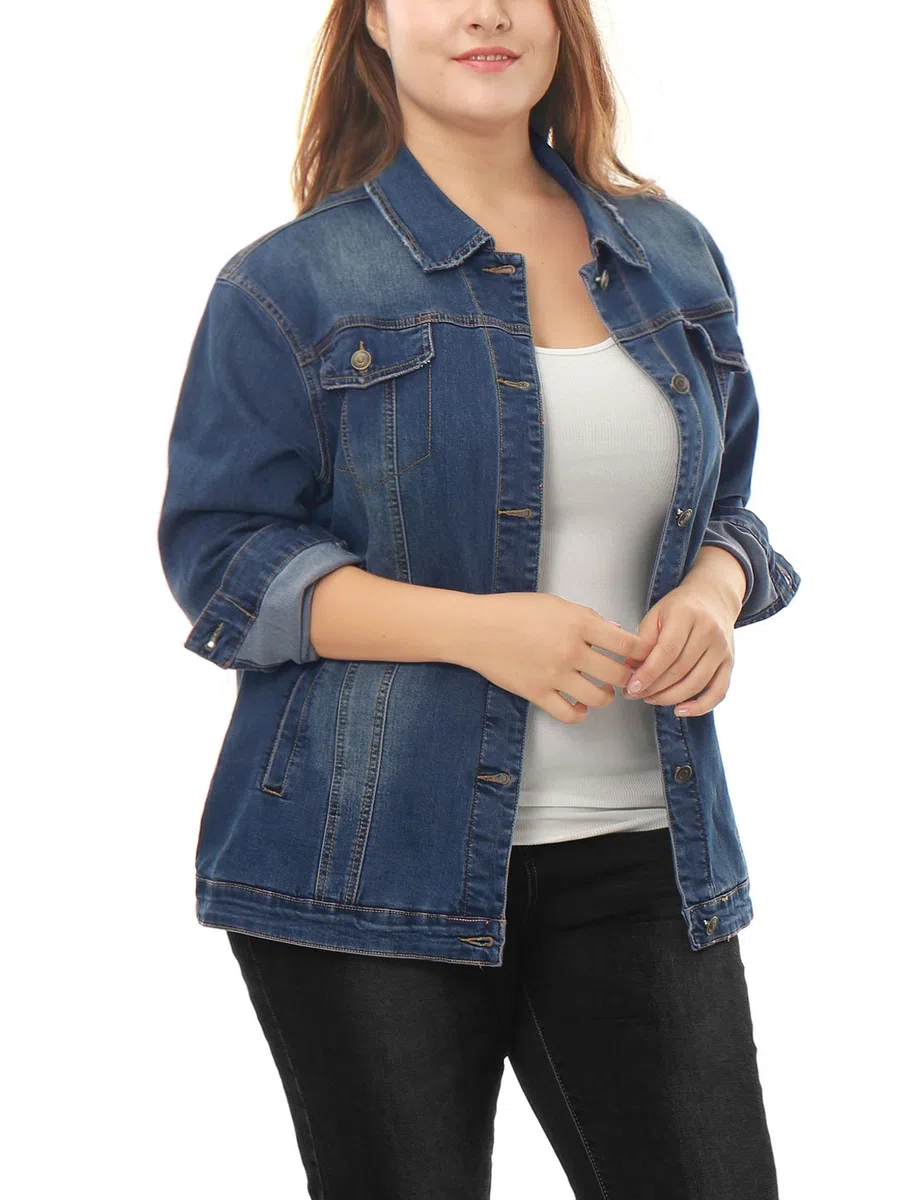 Allegra K Mujer Talla grande Manga Larga Cuello vuelto Botón Chaqueta Vaquera Chaqueta Azul