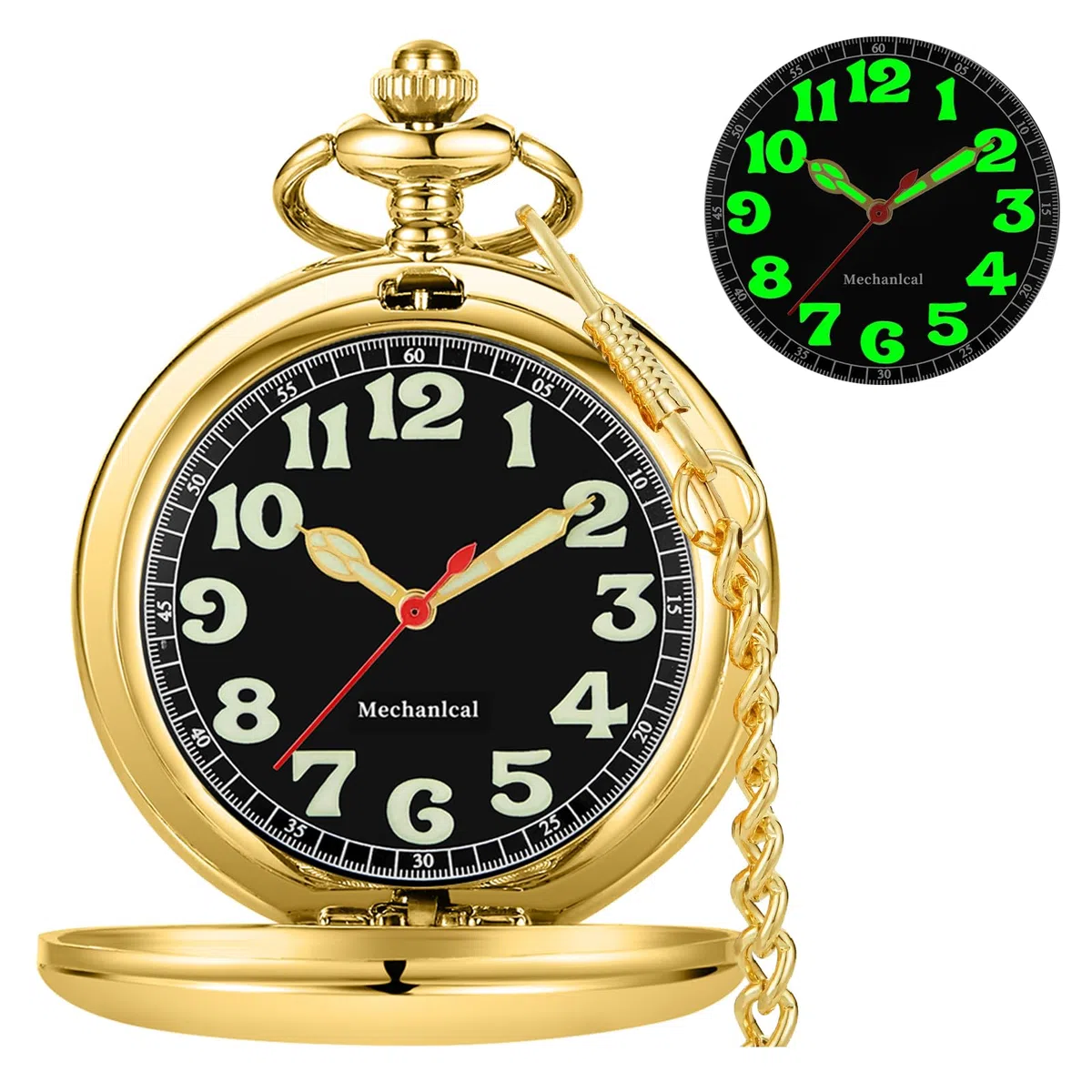 Reloj de bolsillo mecánico con números arábigos luminosos con cadena y caja, el mejor regalo (dorado), dorado-08, Regalo