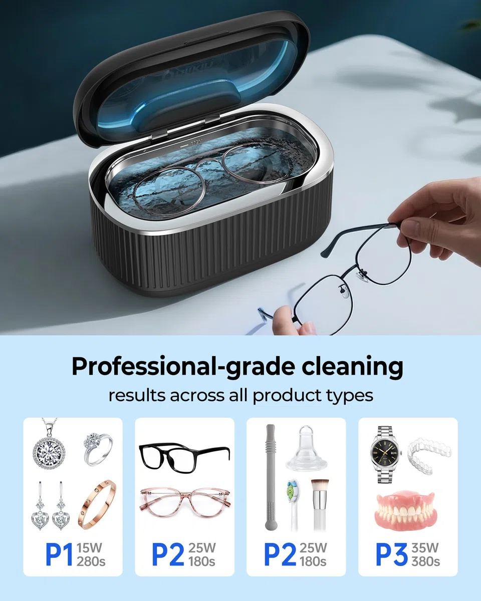 Limpiador ultrasónico para joyas, 35 W, 45 kHz, 5 temporizadores, 3 modos de potencia, gafas, anillos, correa de reloj, dentaduras postizas - 20 piezas
