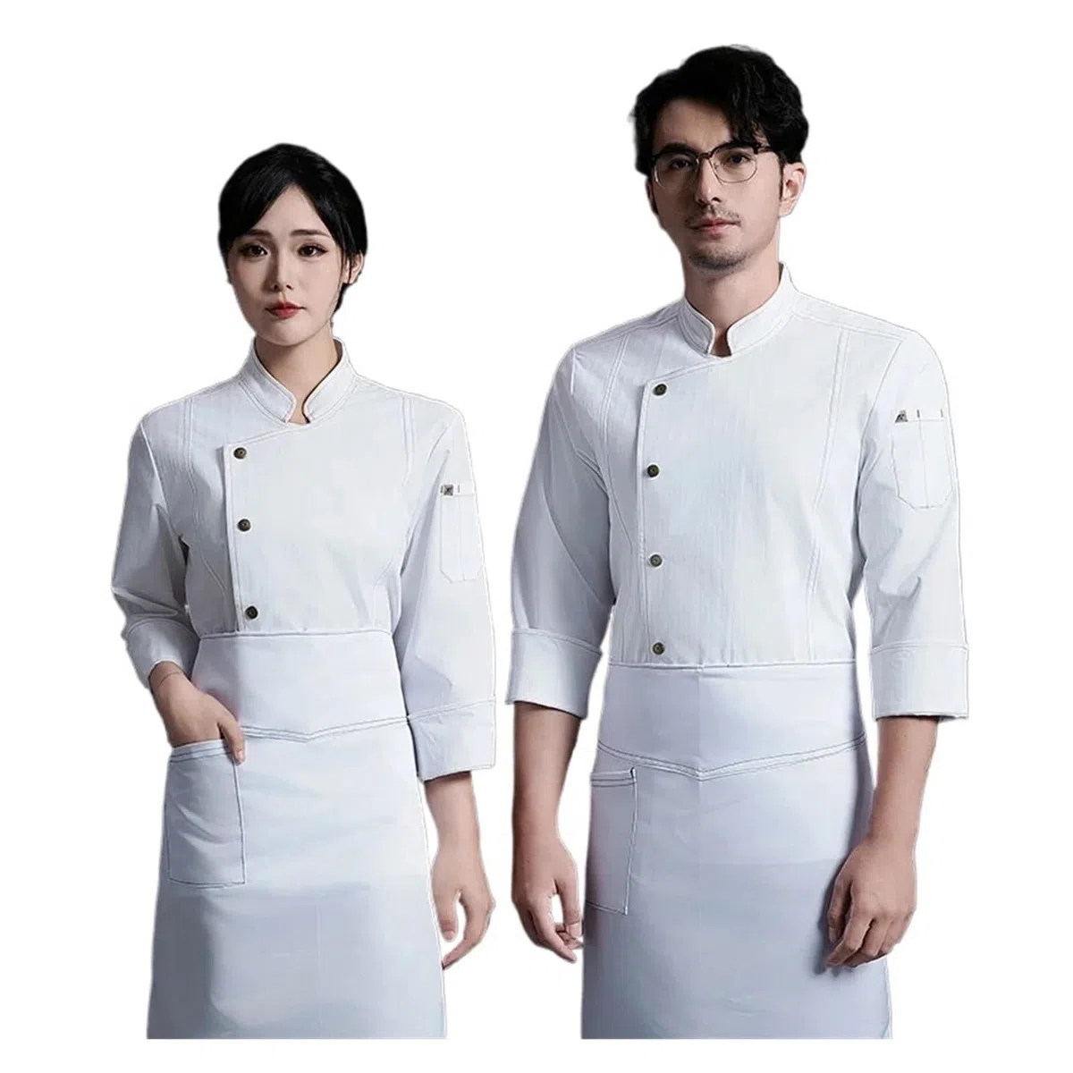 Chaqueta Cocina Hombre Chaqueta de chef de restaurante, delantal de manga larga, ropa de trabajo de cocina, cafetería, hotel, panadería, uniforme de chef, hombres, mujeres, camarero(White jacket Apron