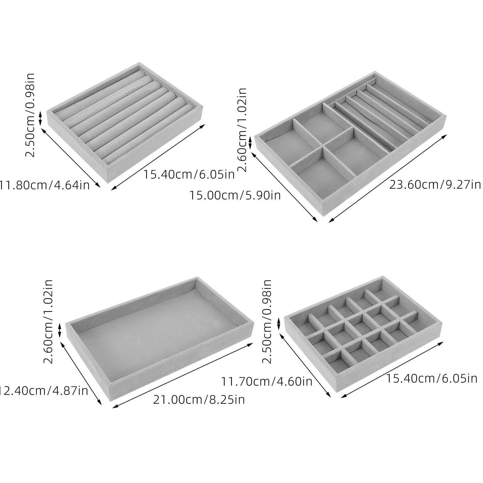 PACKOVE Organizador de Joyas Placa de Joyería de Terciopelo, Bandeja de Anillos 15 Compartimentos sin Divisiones, Fácil Almacenamiento para Collares y Pendientes en Casa, Pack de 4