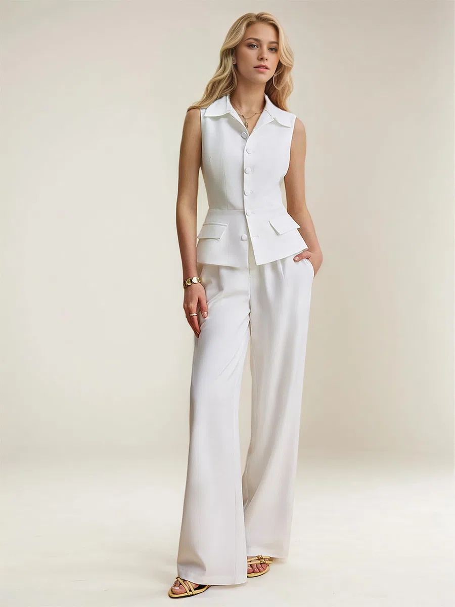 Conjunto De Traje De Oficina De 2 Piezas para Mujer, Blazer Formal, Chaleco Y Pantalones, Túnica Blanca Con Solapa Y Botones, Camiseta Sin Mangas, Pantalones De Pierna Ancha, Conjuntos De