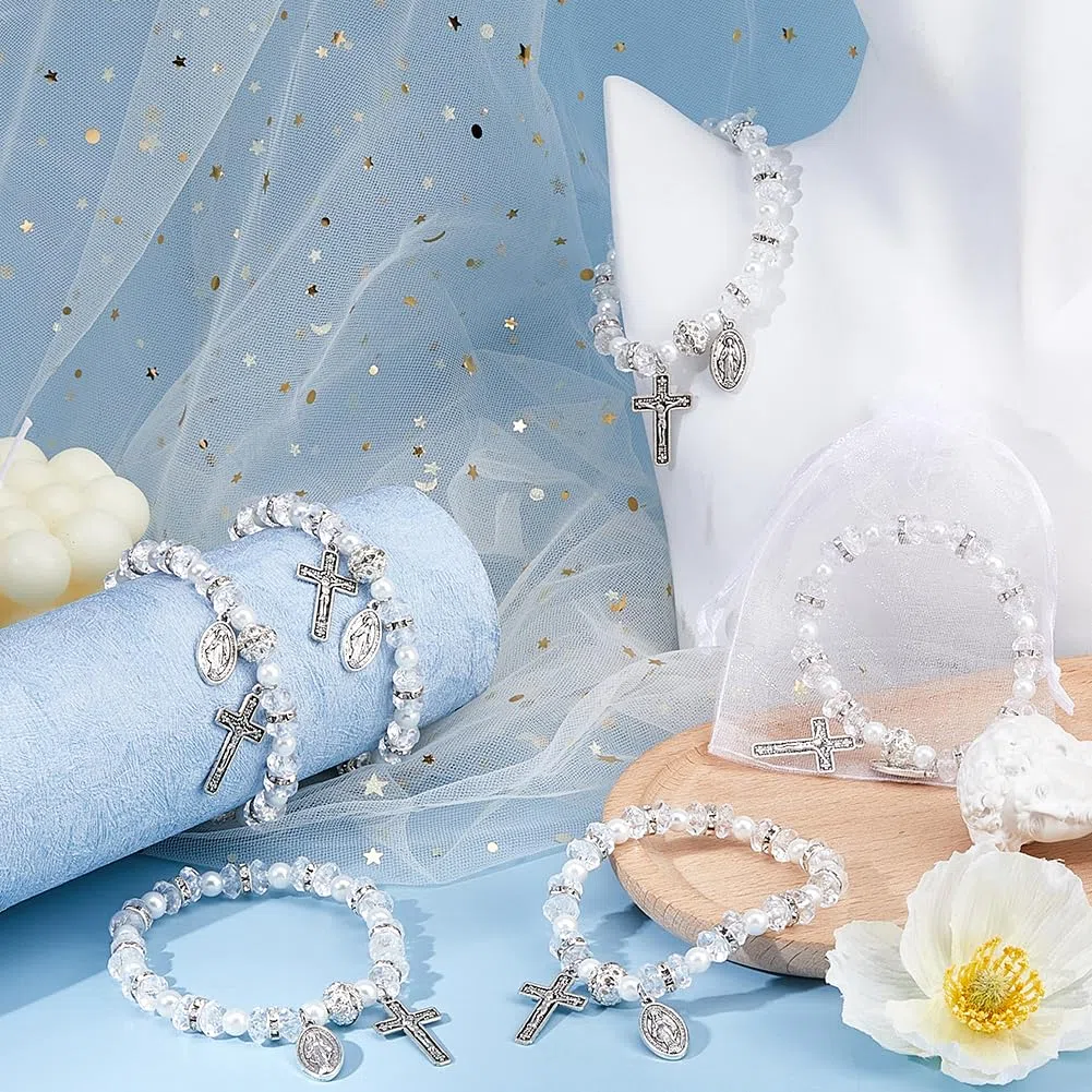 Pulsera de rosario elástica con cuentas y bolsas de malla, para bautizo, comunión, pulseras católicas con crucifijo para mujer