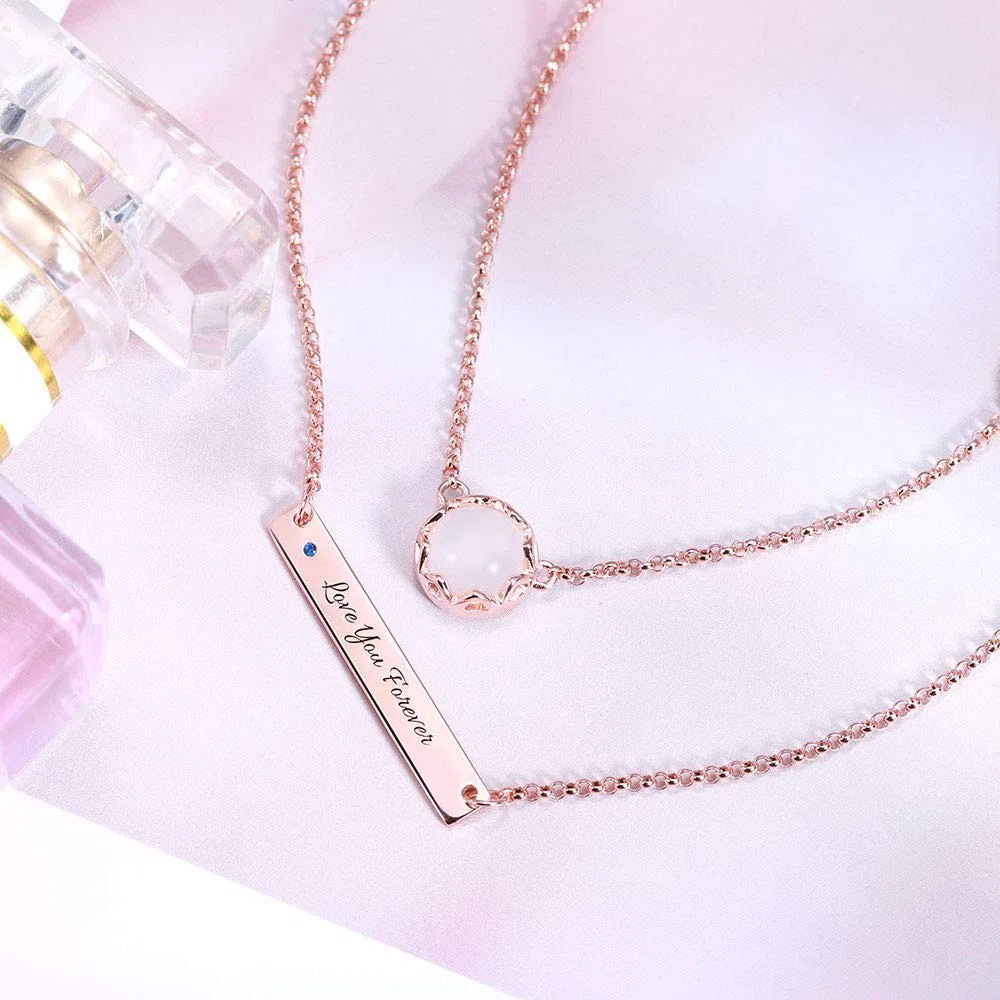 Collar de barra minimalista de doble capa con piedra lunar, chapado en platino/oro/oro rosa, plata de ley 925 para mujer