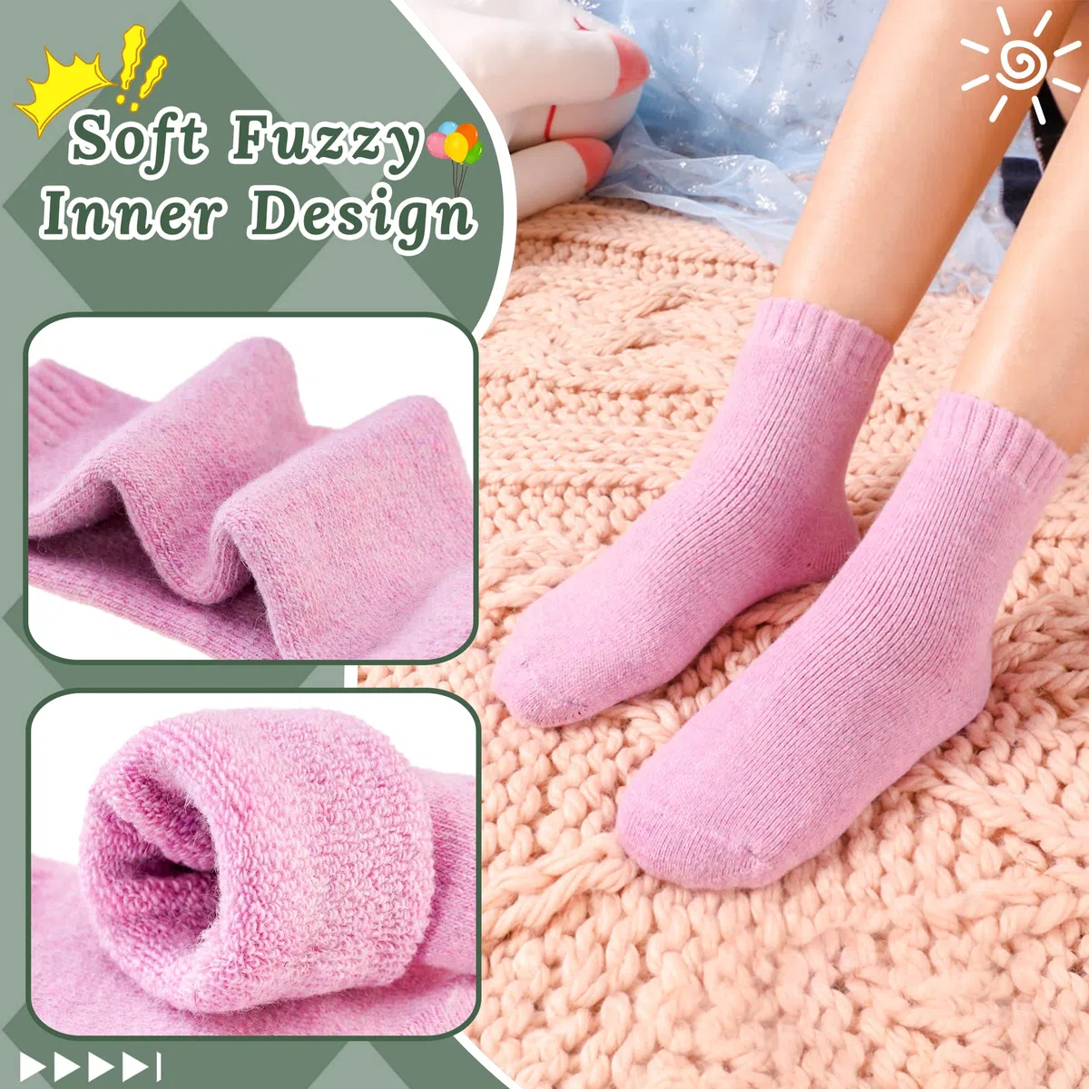 DoSmart Children's Winter Warm Wool Solid Color Socks Kids Boy Girls Hiking Thermal Boot Crew Socks 6 pares