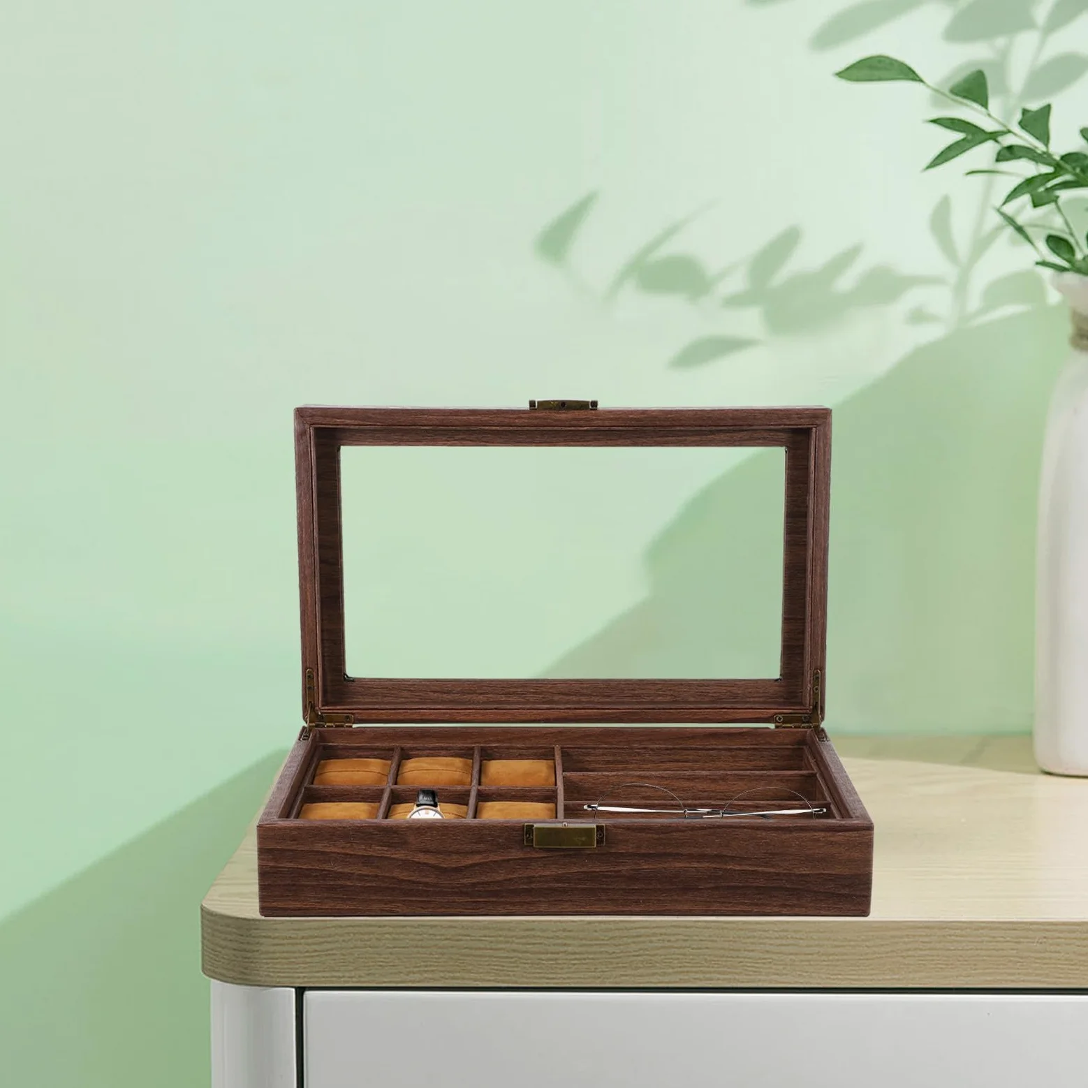 TOPBATHY Caja Organizador de Relojes y Gafas de Madera 6 Compartimentos para Relojes y 3 Ranuras para Gafas Estilo Retro para Colección y Exhibición