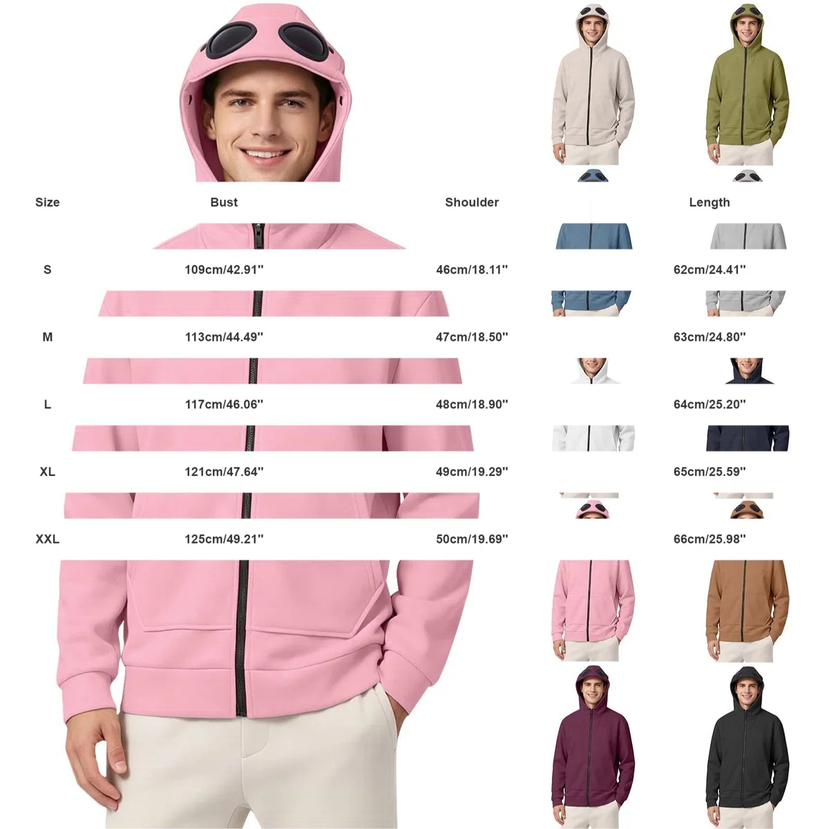 Chaqueta con capucha para hombre con gafas de piloto integradas en la capucha, sudadera transpirable con cremallera, sudadera de manga larga con bolsillo canguro, chaqueta de entretiempo resistente al