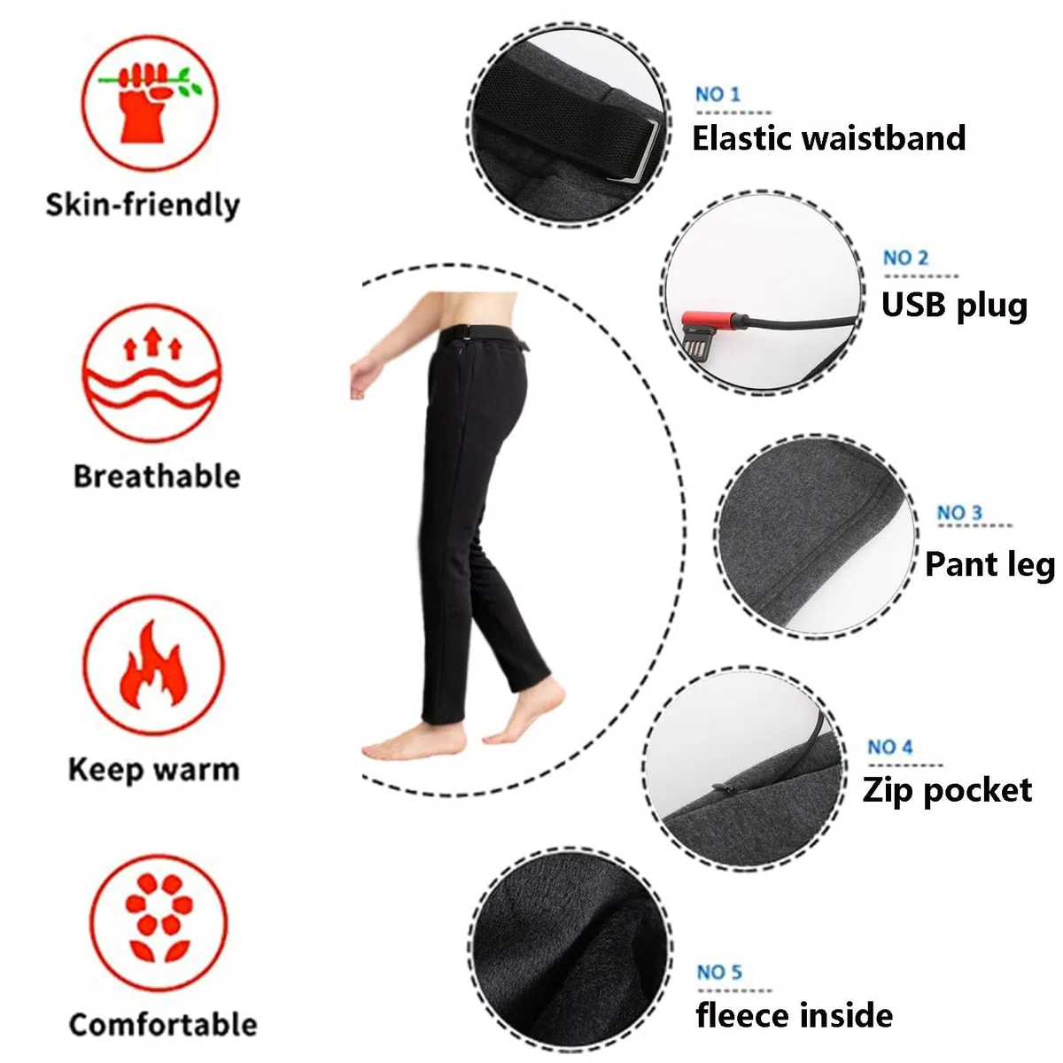 Leggings térmicos Lavables con USB para Hombre y Mujer, Ropa Interior térmica de Invierno, Pantalones para Senderismo y Acampada.