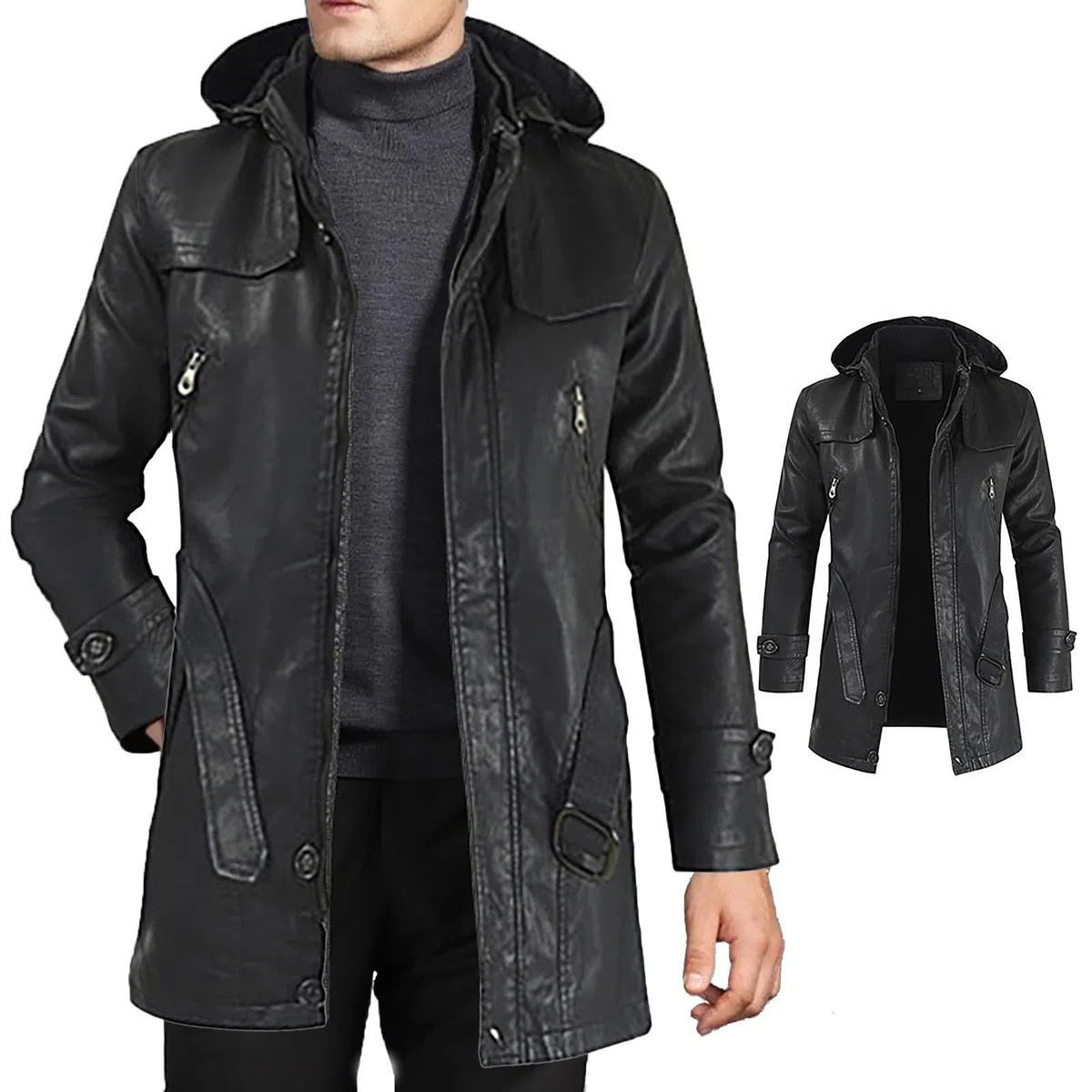 Chaqueta de cuero para hombre, abrigo largo de 3/4 de largo con capucha desmontable, chaqueta parka larga negra, gabardina negra para hombre, abrigo con capucha de safari resistente al viento, abrigo