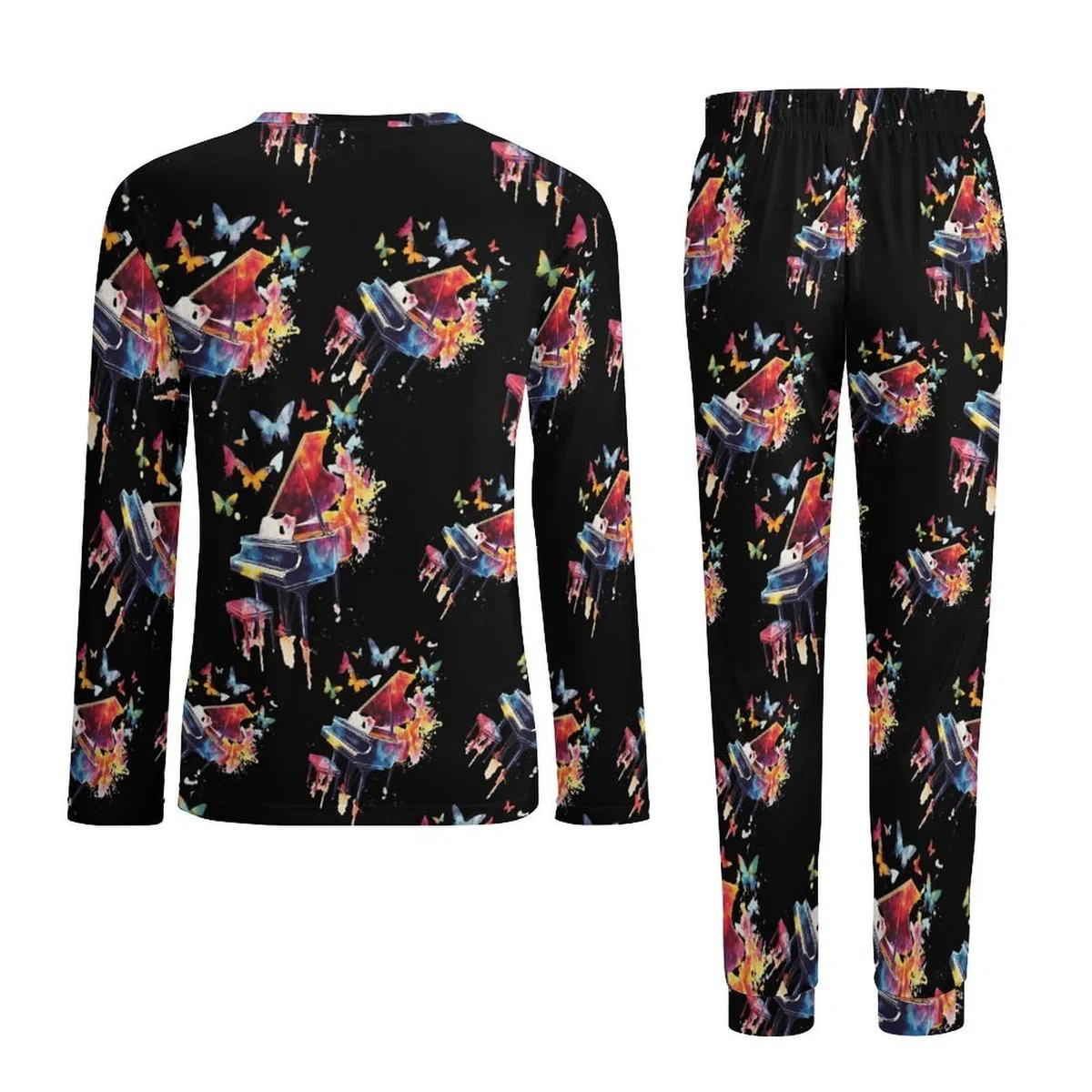 Conjunto de pijama de piano con mariposas voladoras para hombre, cuello redondo, 2 piezas, manga larga, suave parte superior e inferior transpirable para todas las estaciones