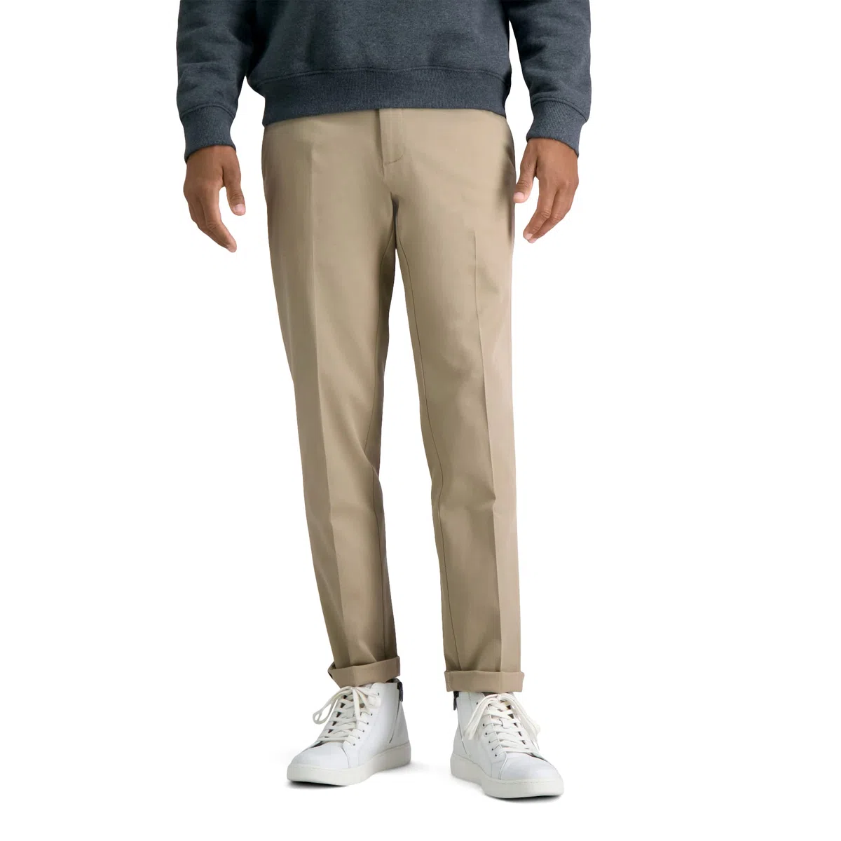 Haggar Pantalón Casual de Primera Calidad, Sin Planchado, Color Caqui, Corte Ajustado, Frente Plano Hombre
