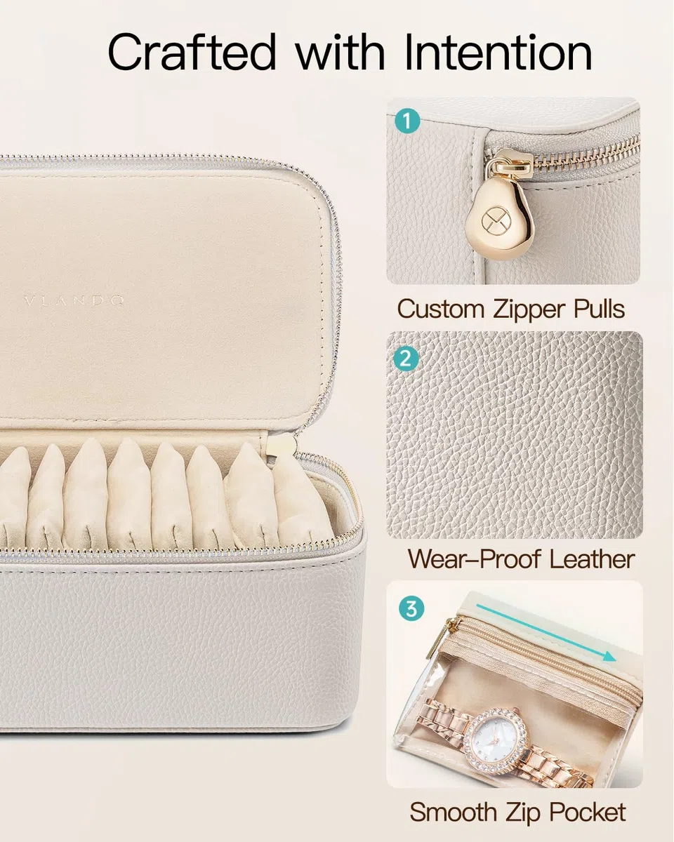 VLANDO Organizador de joyas de viaje de piel sintética con 12 bolsas de terciopelo para joyas, estuche para collares, anillos, regalos para mujer, color blanco-L