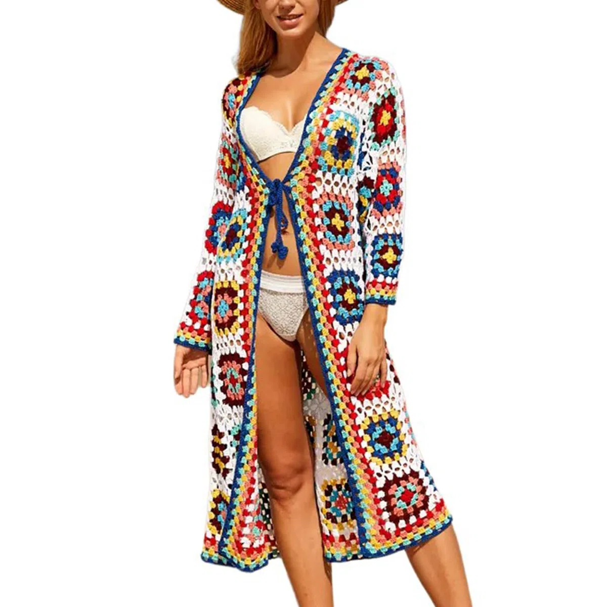Kimono Chaqueta de Punto para Mujer Frente Abierto Traje de Baño Largo Kimono Manta Playa Cárdigan Colorido Vestido Largo