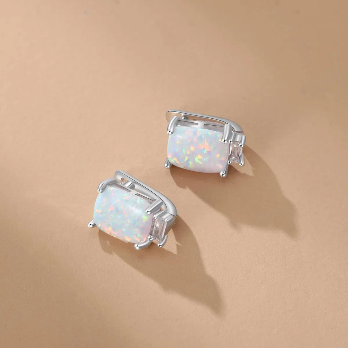 SALAN Pendientes De Aro De Plata De Ley 925 para Mujer Pendientes Rectangulares De Ópalo Blanco con Circonita Joyería De Plata 925