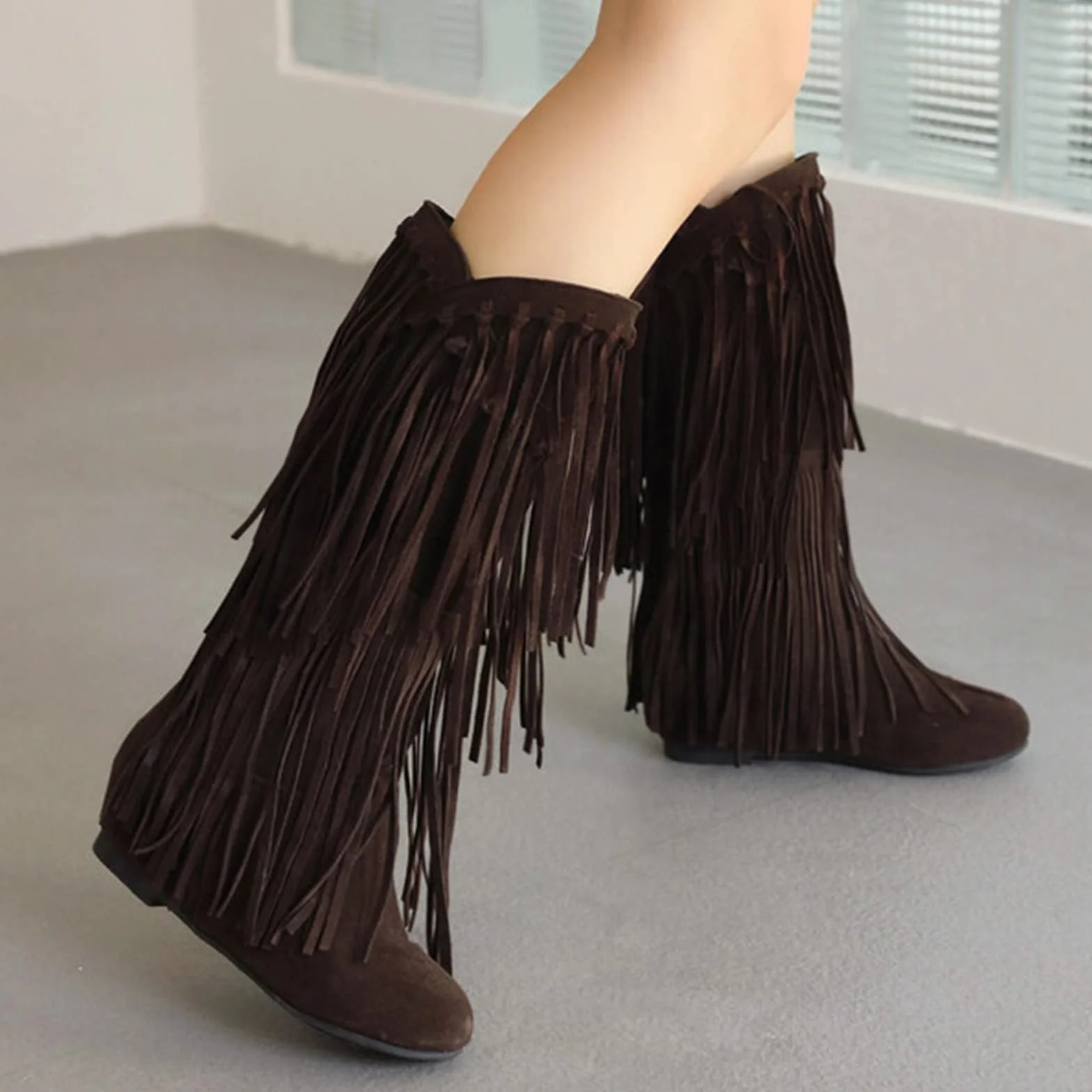 Botines Elegantes Botas De Vaquero Redondas Botas De Vaquero De Las Mujeres Con Flecos