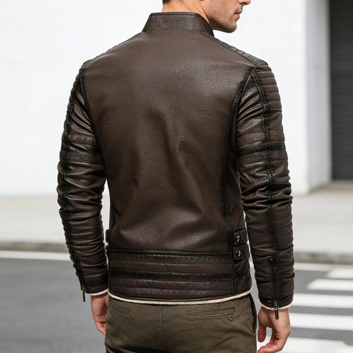 Chaqueta de motociclista de piel sintética para hombre, con cuello alto y forro polar, informal y cálida.