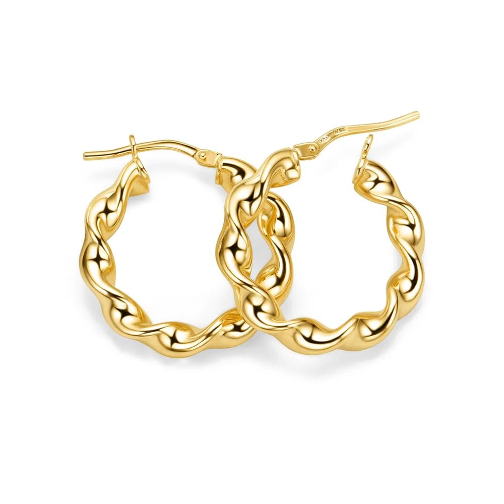Miore Pendientes Mujer de Plata de Ley 925 Bañados en Oro de 18K 750, Aros de Oro Redondos con Tubos Torcidos de 15 mm, Hechos a Mano en Italia, Joyas Dorados con Joyero