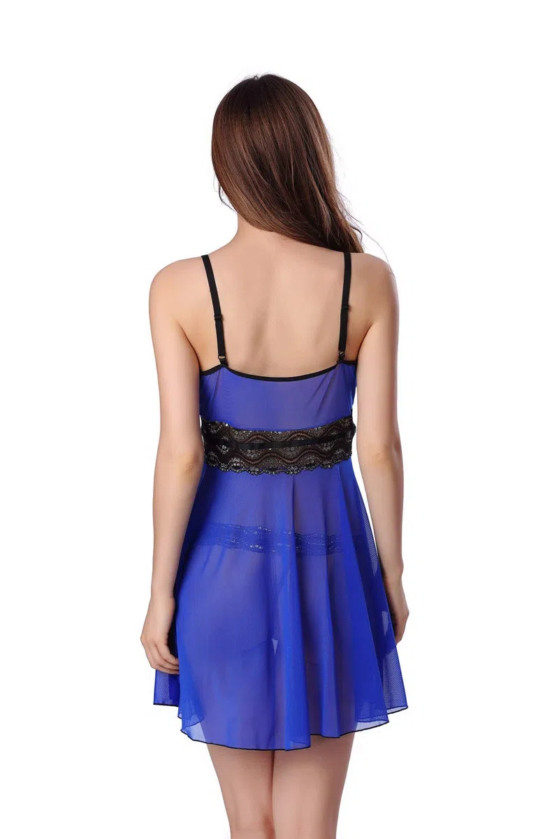 Conjunto de lencería de Encaje Negro con Tanga, camisón de Malla Transparente con Escote en V Profundo (Azul XL) S