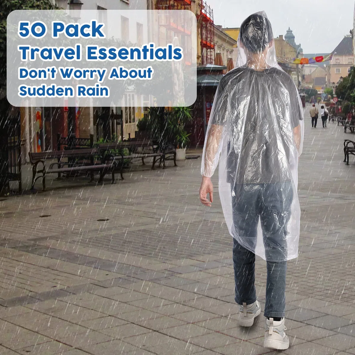 Berlune 50 ponchos de lluvia desechables para adultos, ponchos desechables gruesos a granel con capucha, ponchos de emergencia para acampar parque temático, transparente