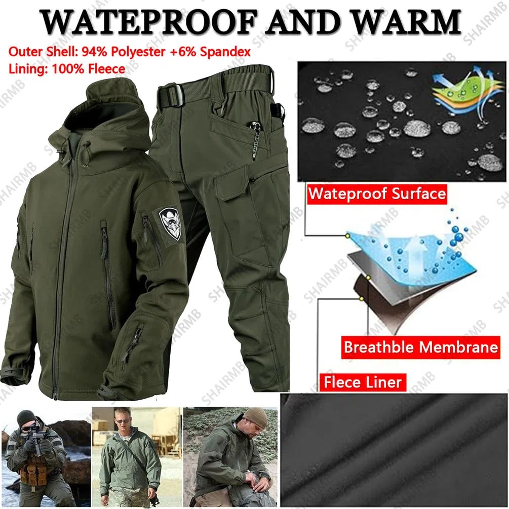 Uniformes TáCticos para Hombres, Militar Impermeable Traje de Combate del EjéRcito Conjuntos, Exterior Piel de Tiburon Traje CáLido, Ropa de Caza,D,XL