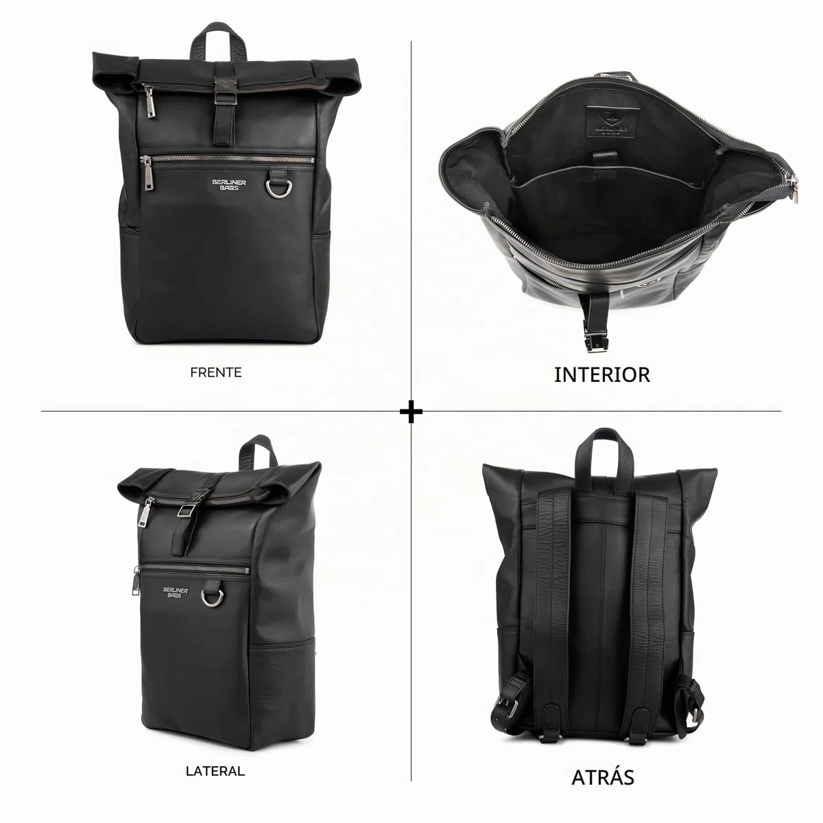 Berliner Bags Harlem Mochila de Piel Auténtica Impermeable con Diseño Rolltop y Funda para Portátil de 15”, Mochila Ejecutiva para Hombre y Mujer – Negro