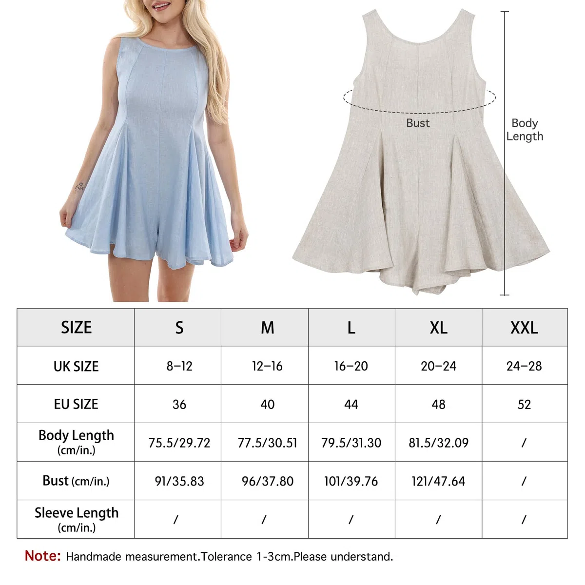 Amazhiyu Mono de lino para mujer, sin mangas, de pierna ancha, con cuello redondo, cuello redondo, elegante