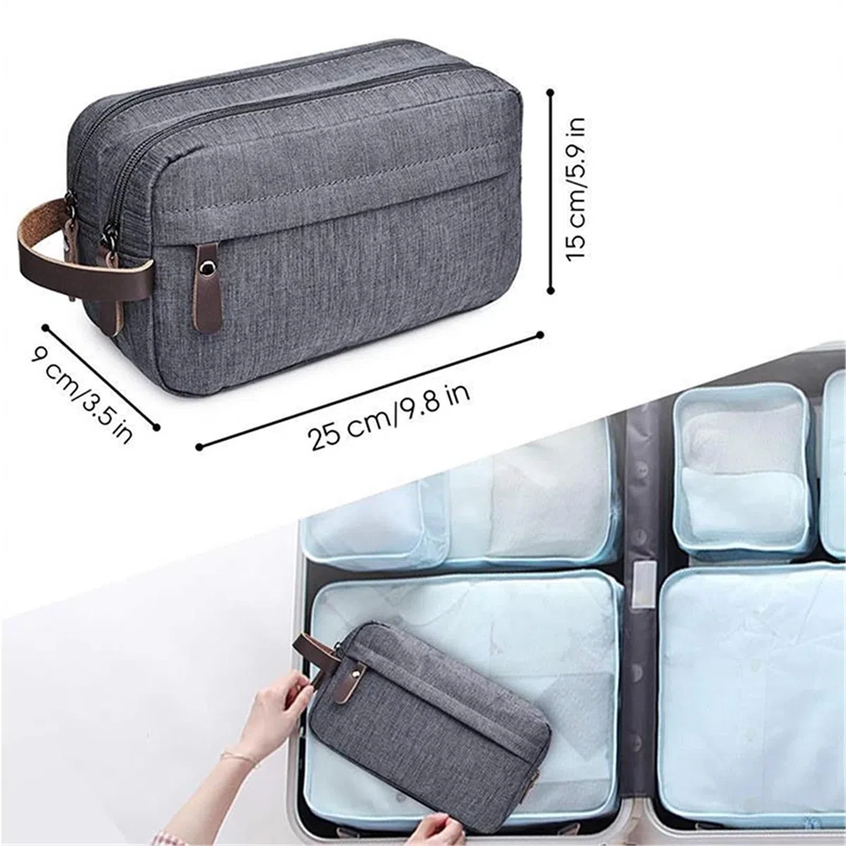 Bolsas De Aseo Neceser de Lona Informal con asa de Cuero for Hombre y Mujer, Bolsa organizadora Impermeable for Viaje, Lavado, Afeitado, Almacenamiento de artículos de tocador(Gray)