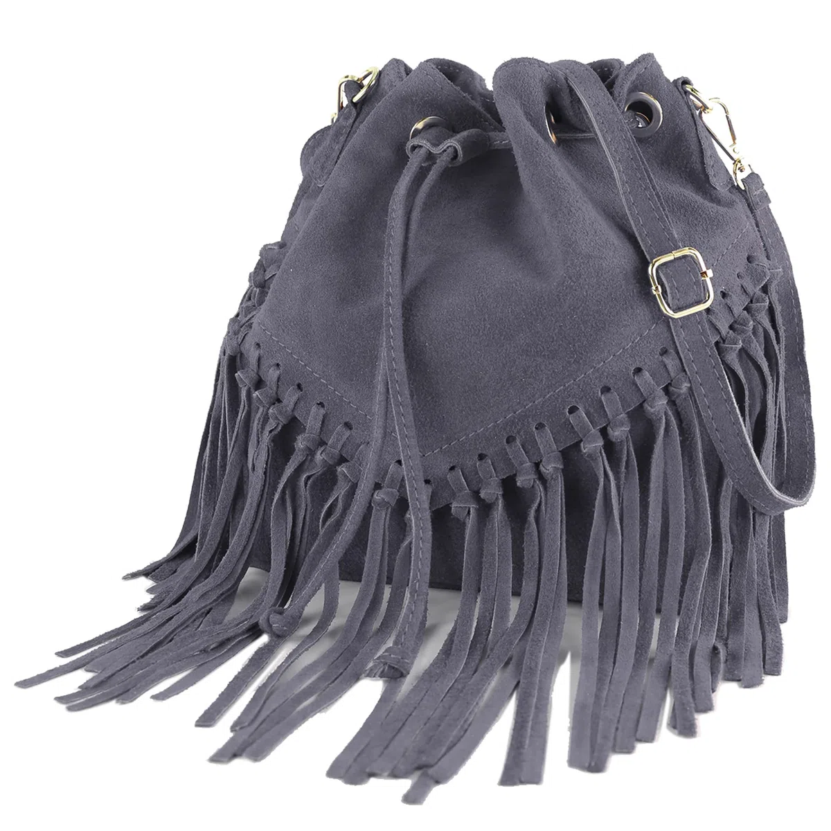 modamoda de T239 - Bolso bandolera para mujer de ante con flecos, fabricado en Italia